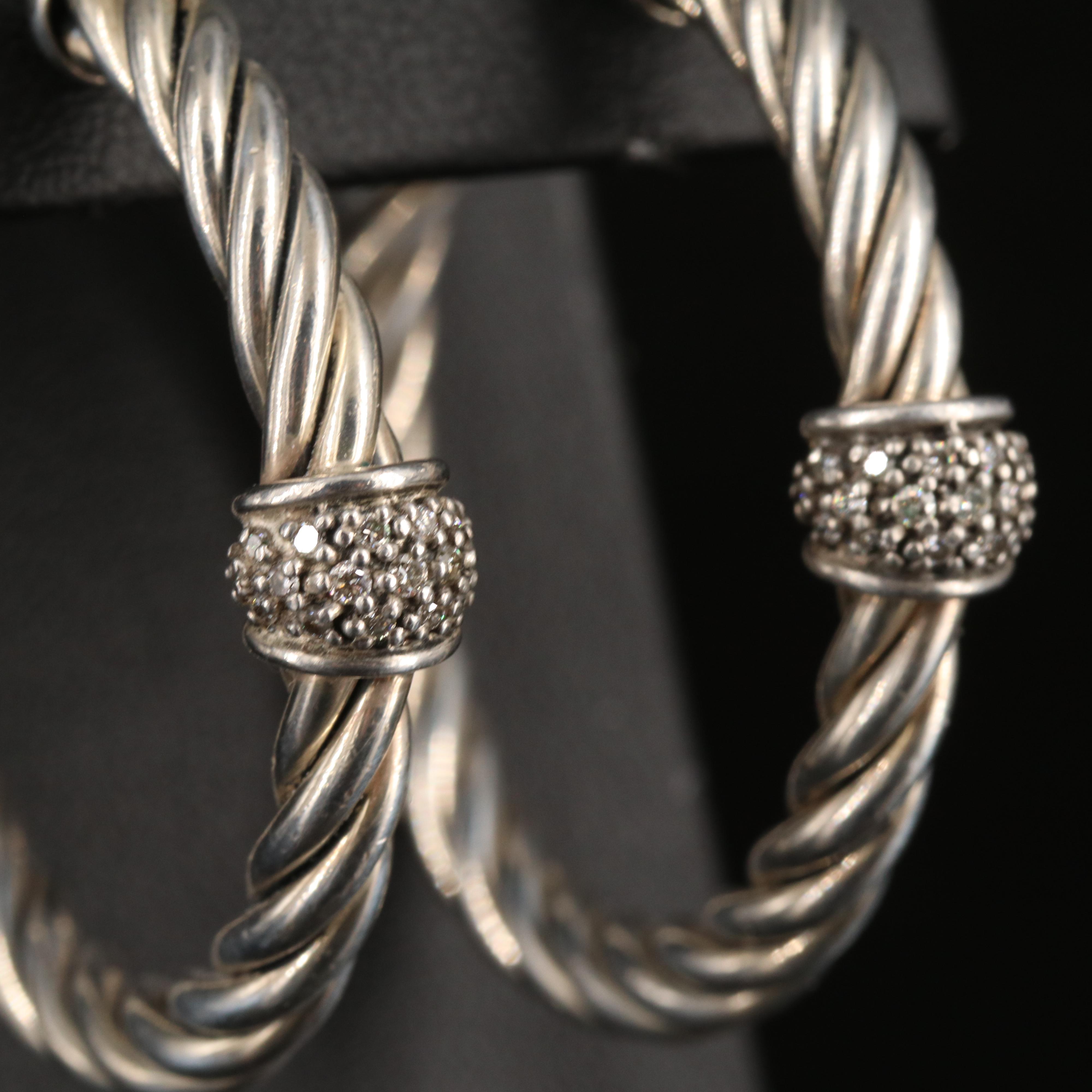 David Yurman "Classic Cable" Sterling Diamond Hoop Earrings