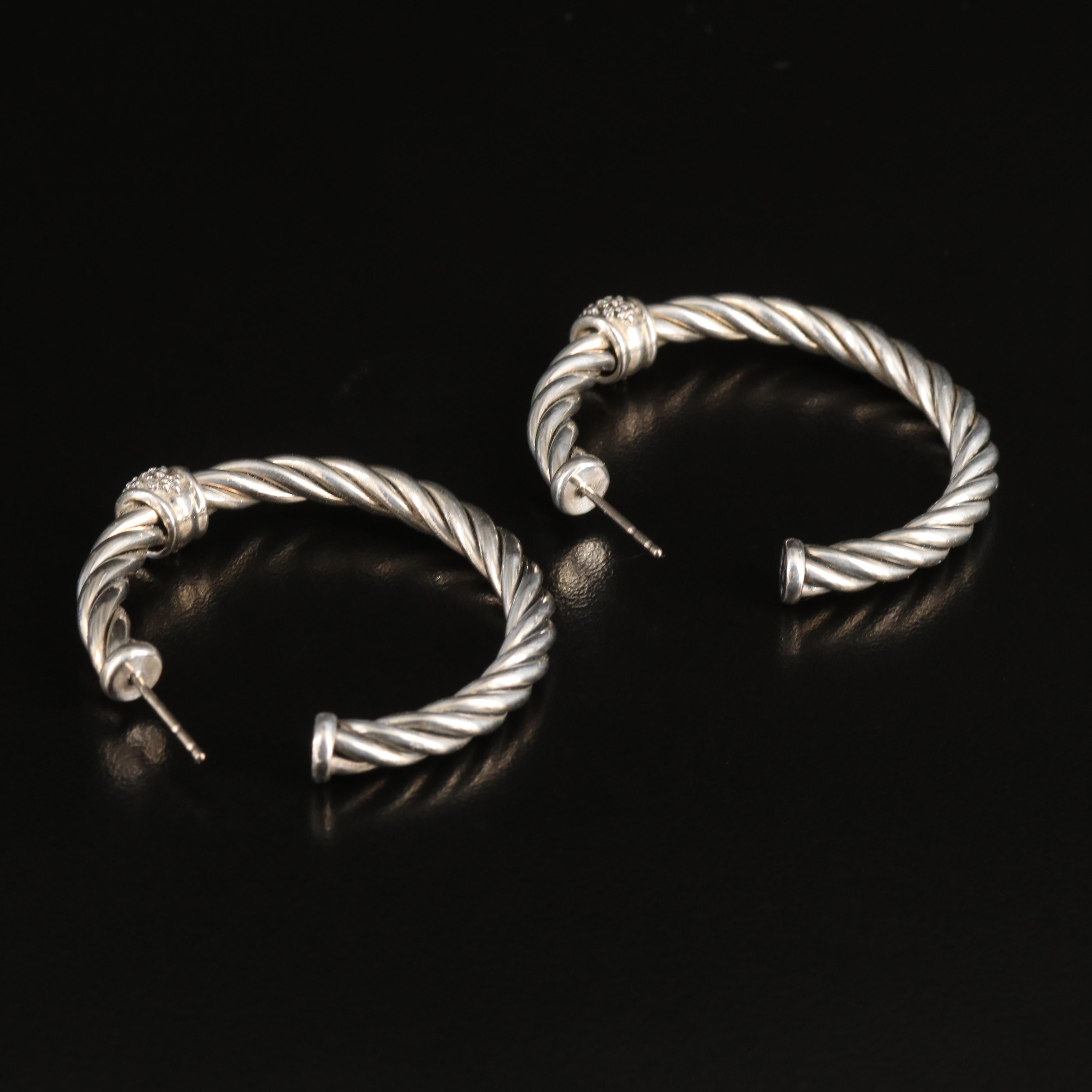 David Yurman "Classic Cable" Sterling Diamond Hoop Earrings
