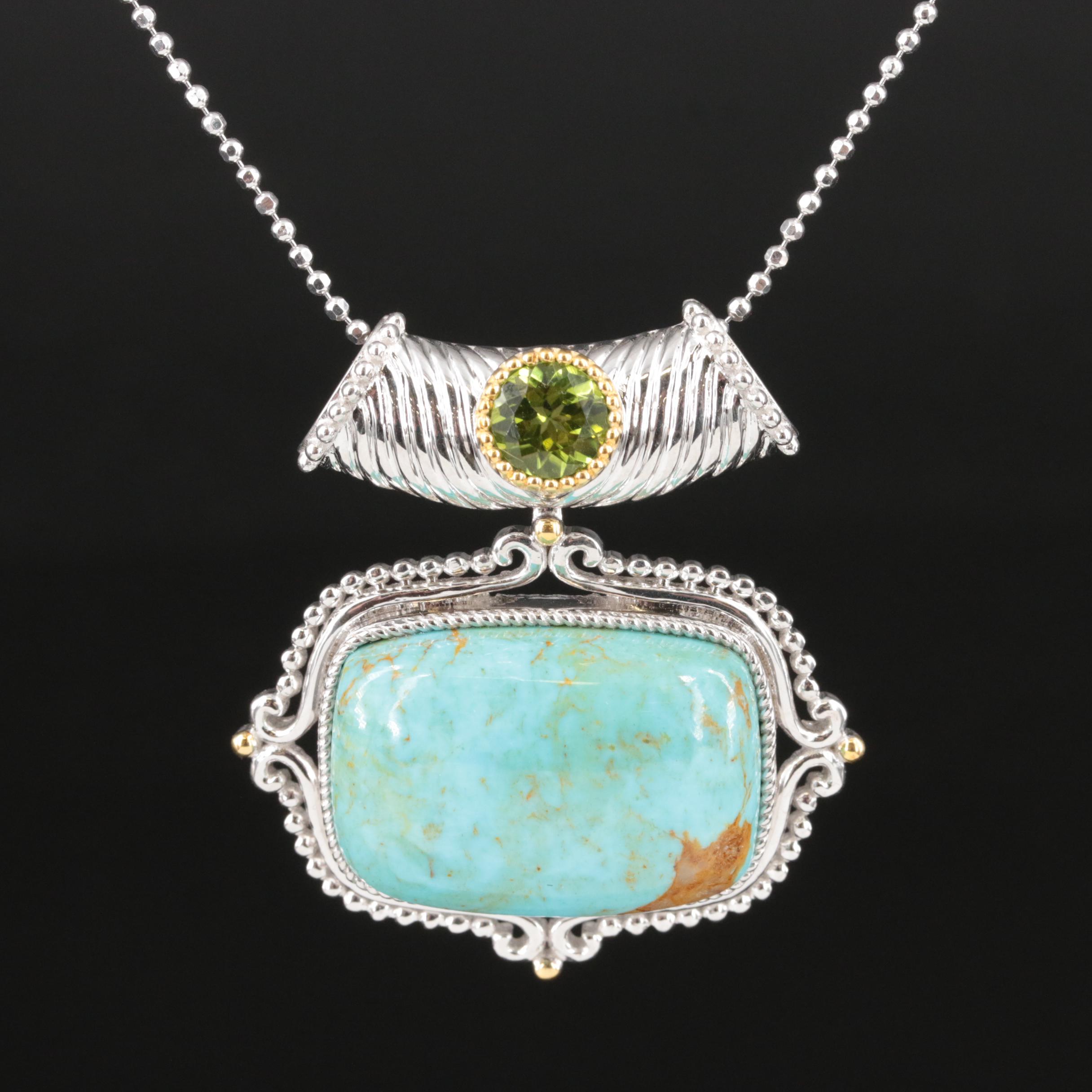 Sterling Turquoise and Peridot  Slide Pendant Necklace