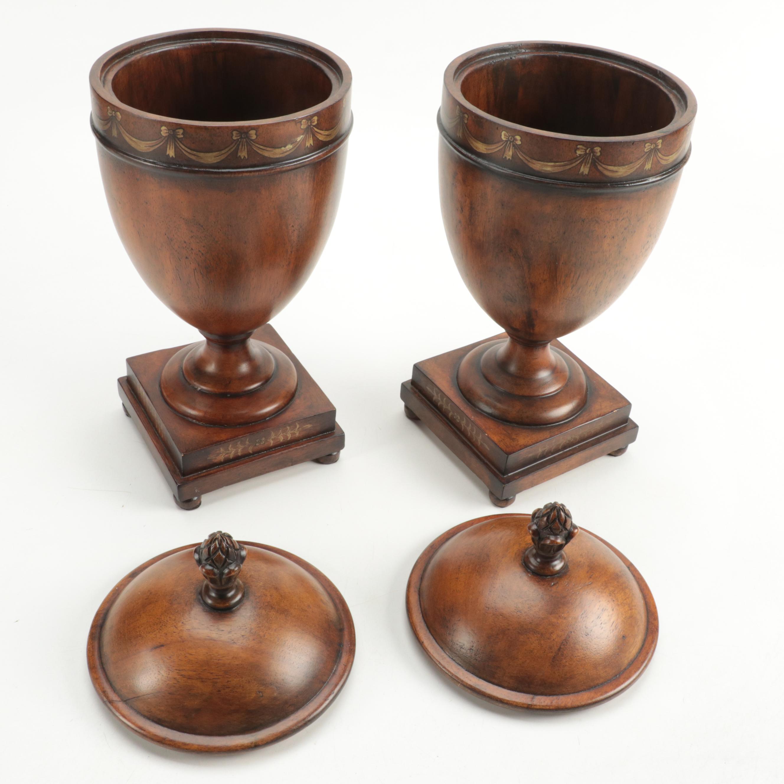 Neoclassical Style Paint-Decorated Carved Wood Urns