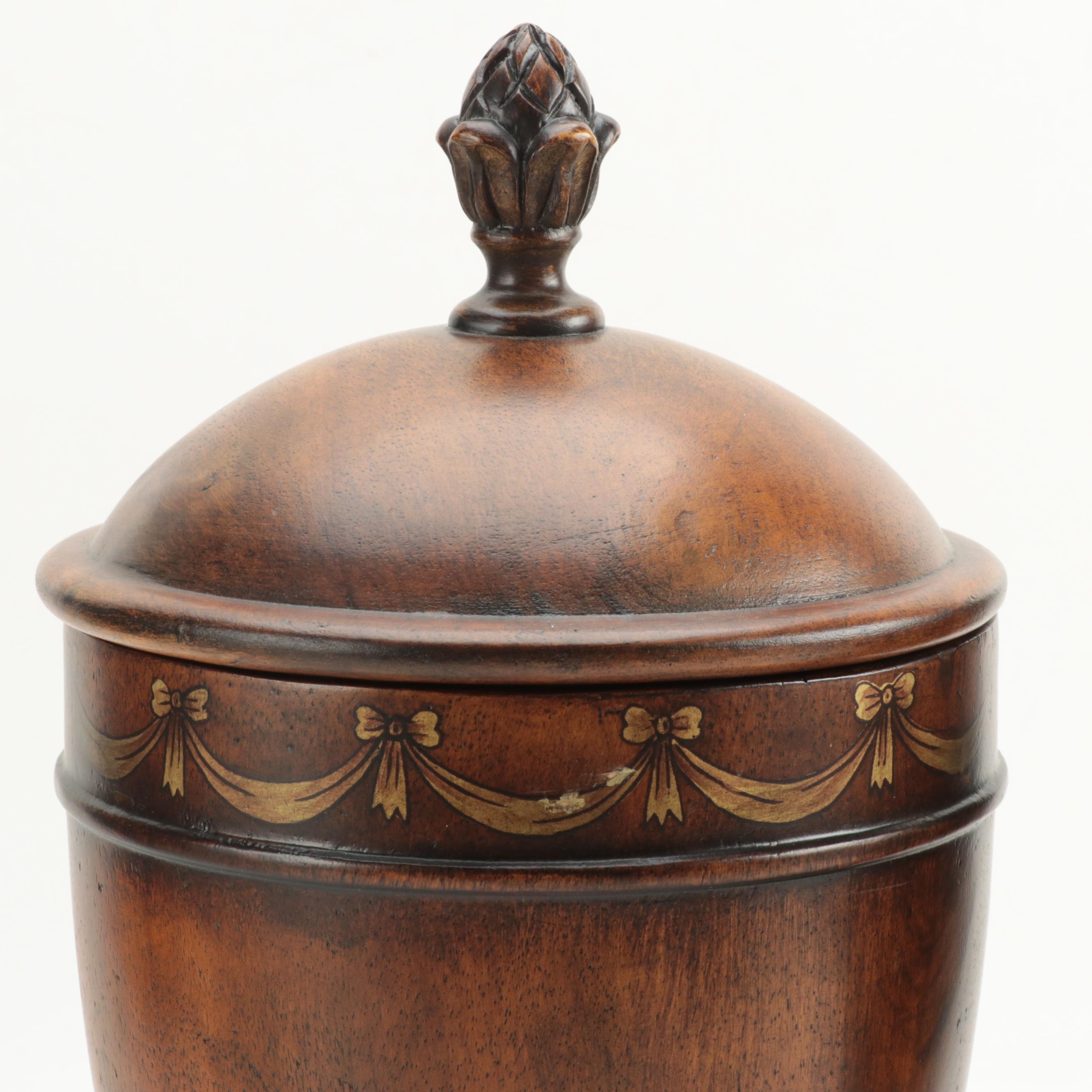 Neoclassical Style Paint-Decorated Carved Wood Urns