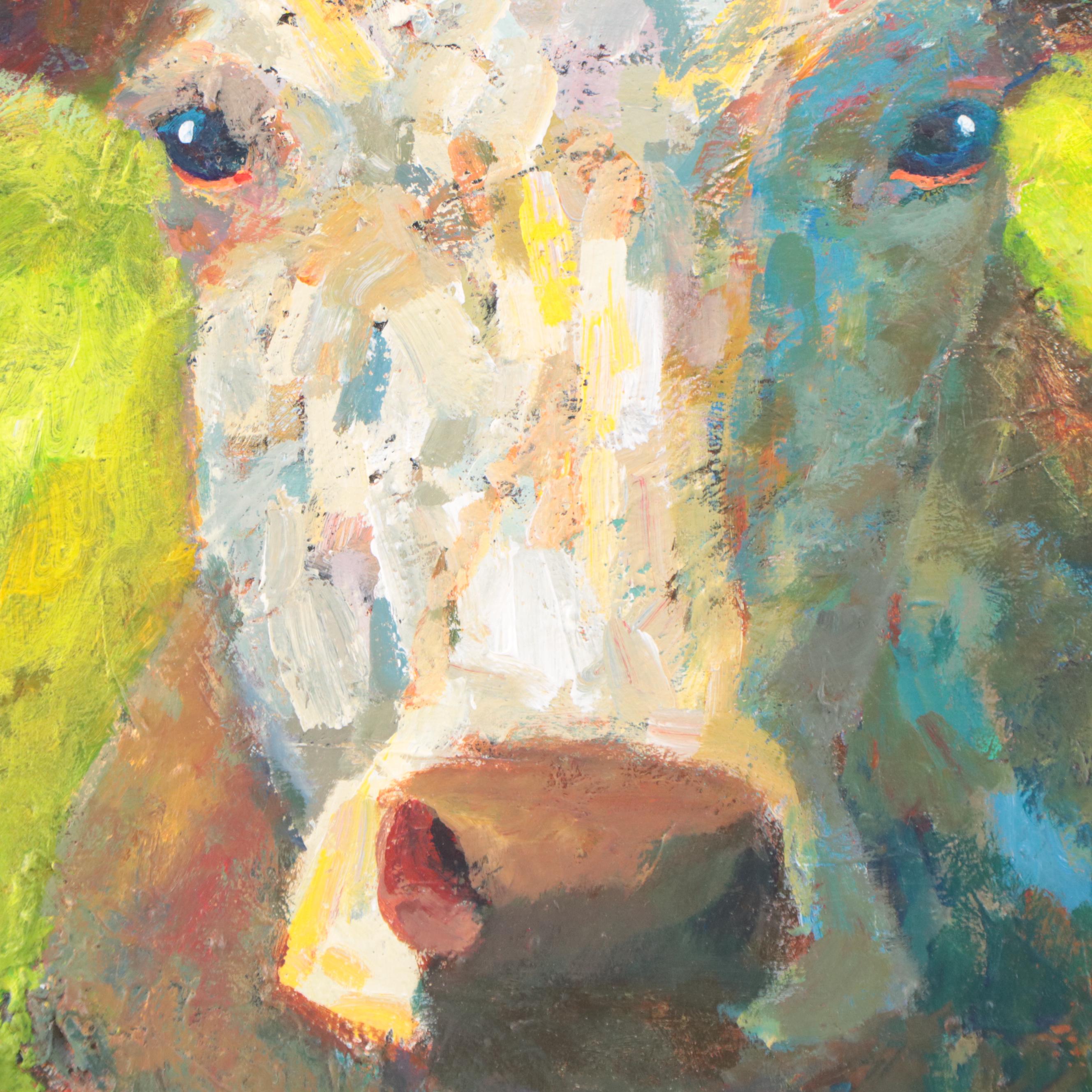 Elle Raines Acrylic Painting of Cow, 21st Century