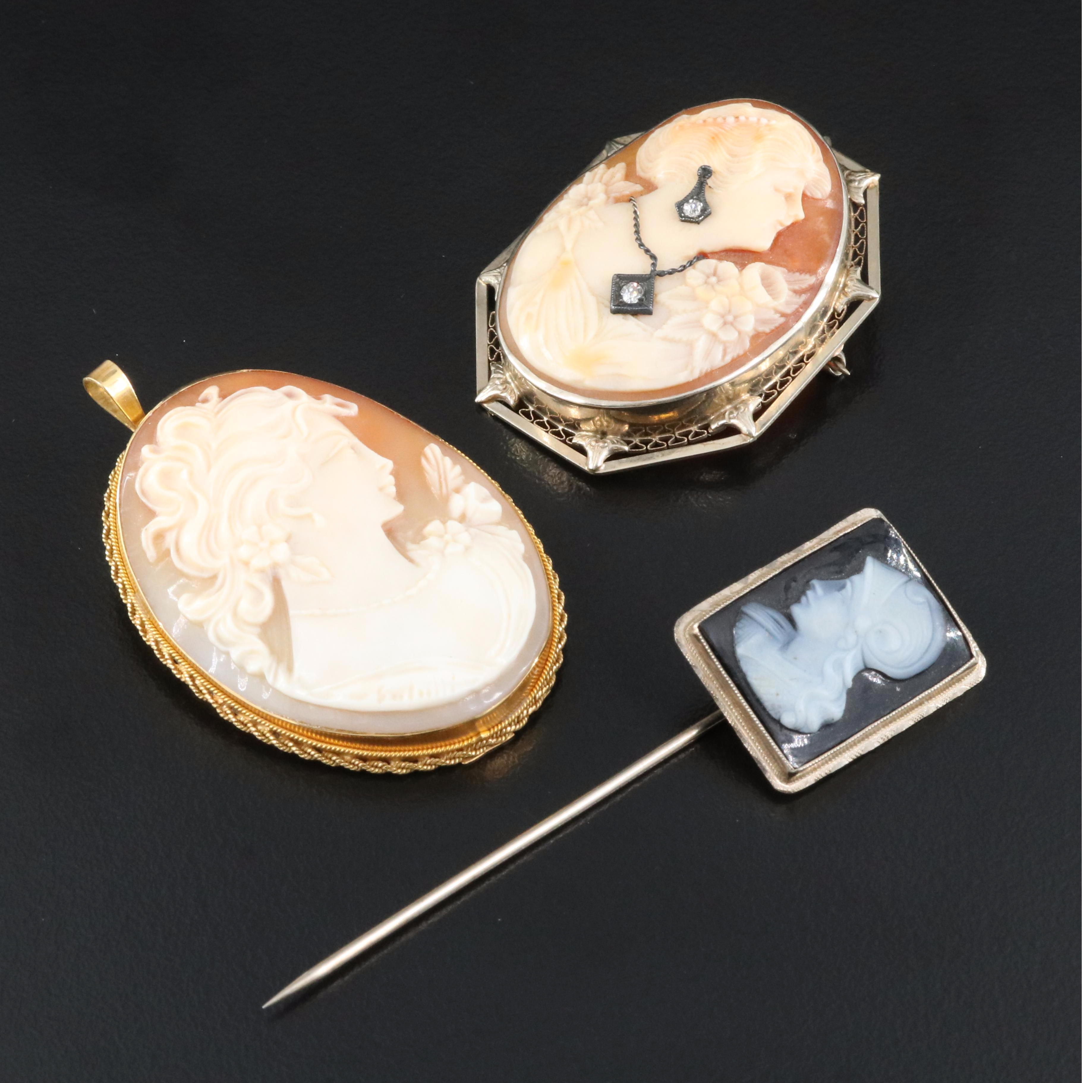 18K, 14K and 10K Cameo Brooches Including Cameo Habillé
