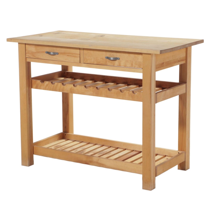 Crate & Barrel Maple Kitchen Work Table with Nine-Bottle Wine Rack