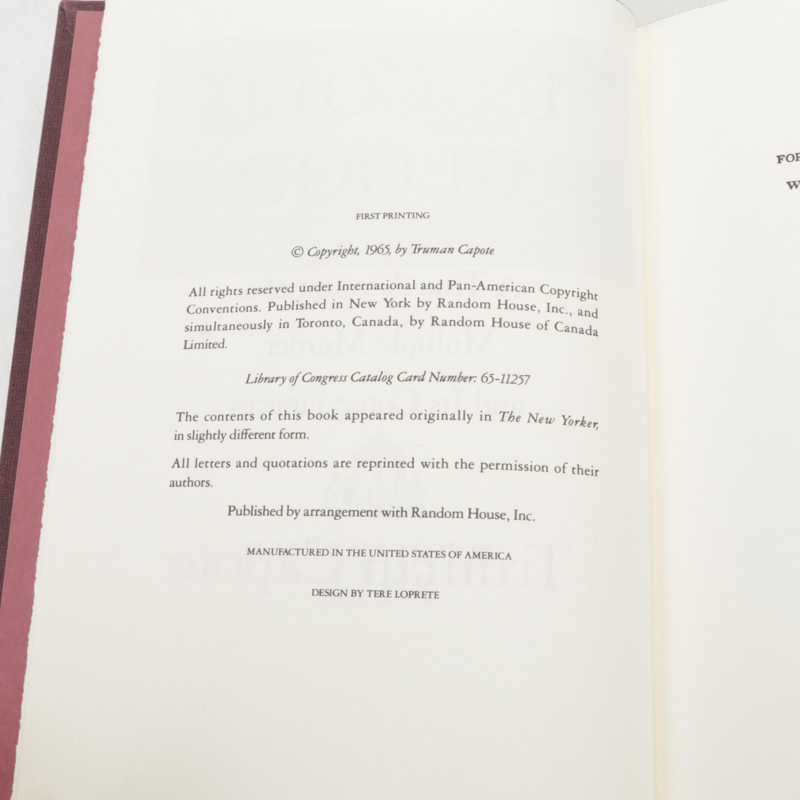 First Trade Printing "In Cold Blood" by Truman Capote, 1965