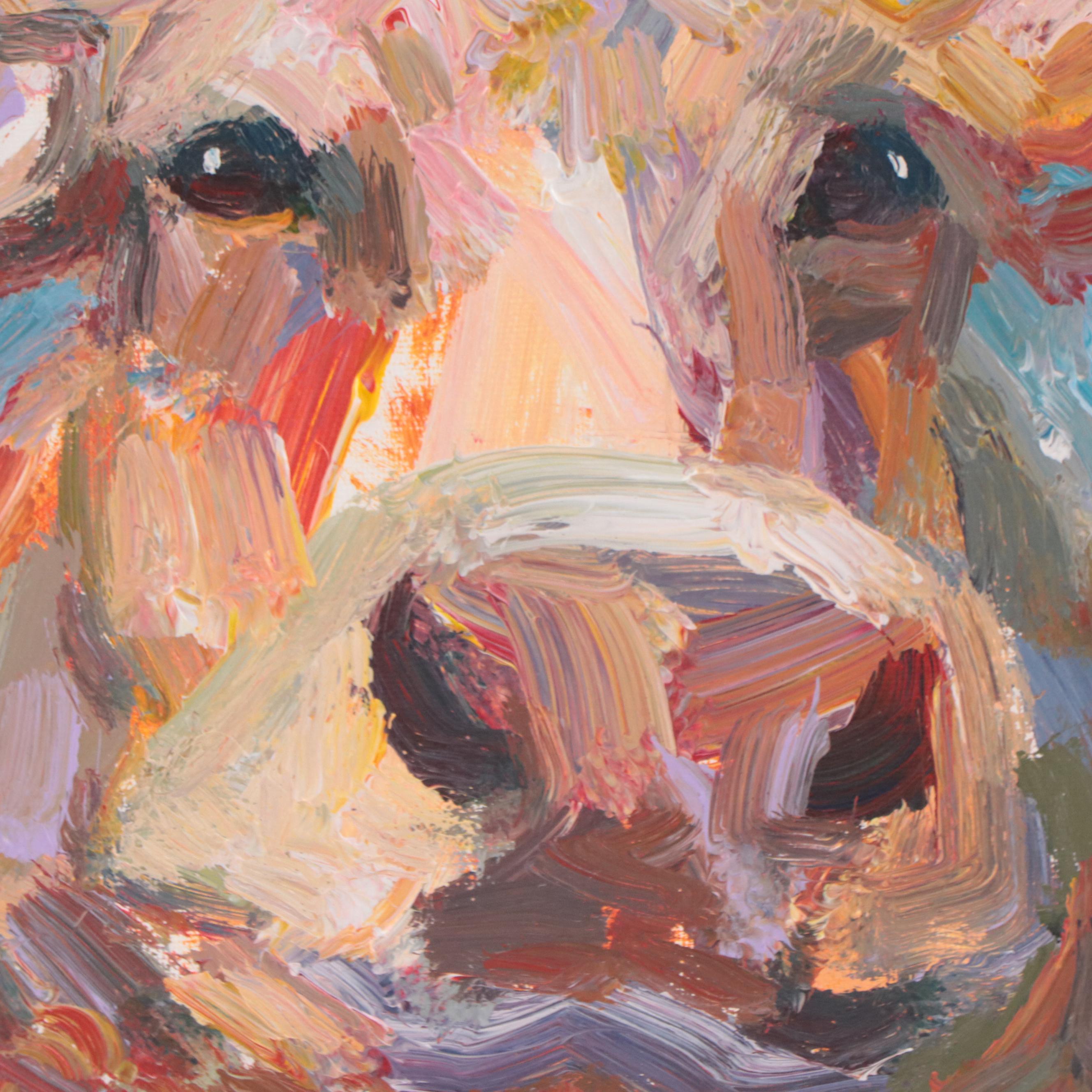 Elle Raines Acrylic Painting of Cow, 21st Century