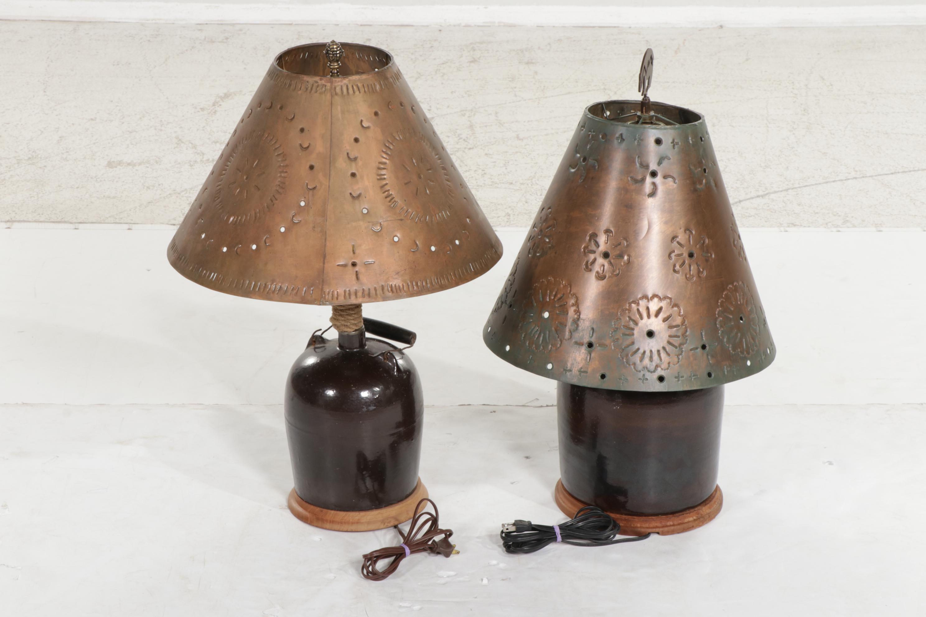 Crock Table Lamps with Punched Copper Shades, Brazilian Pot, & More