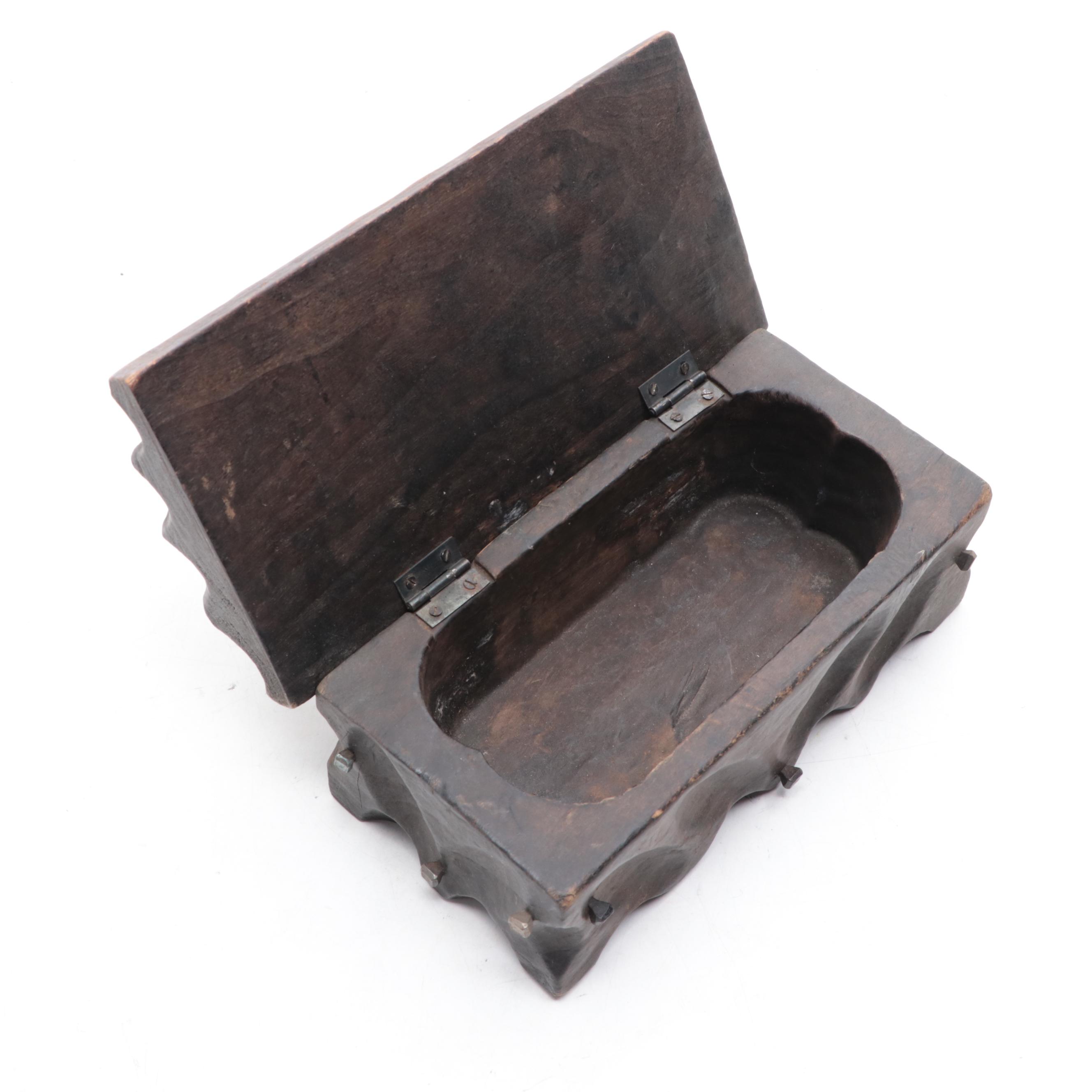 Carved Wooden Box with Square Nails