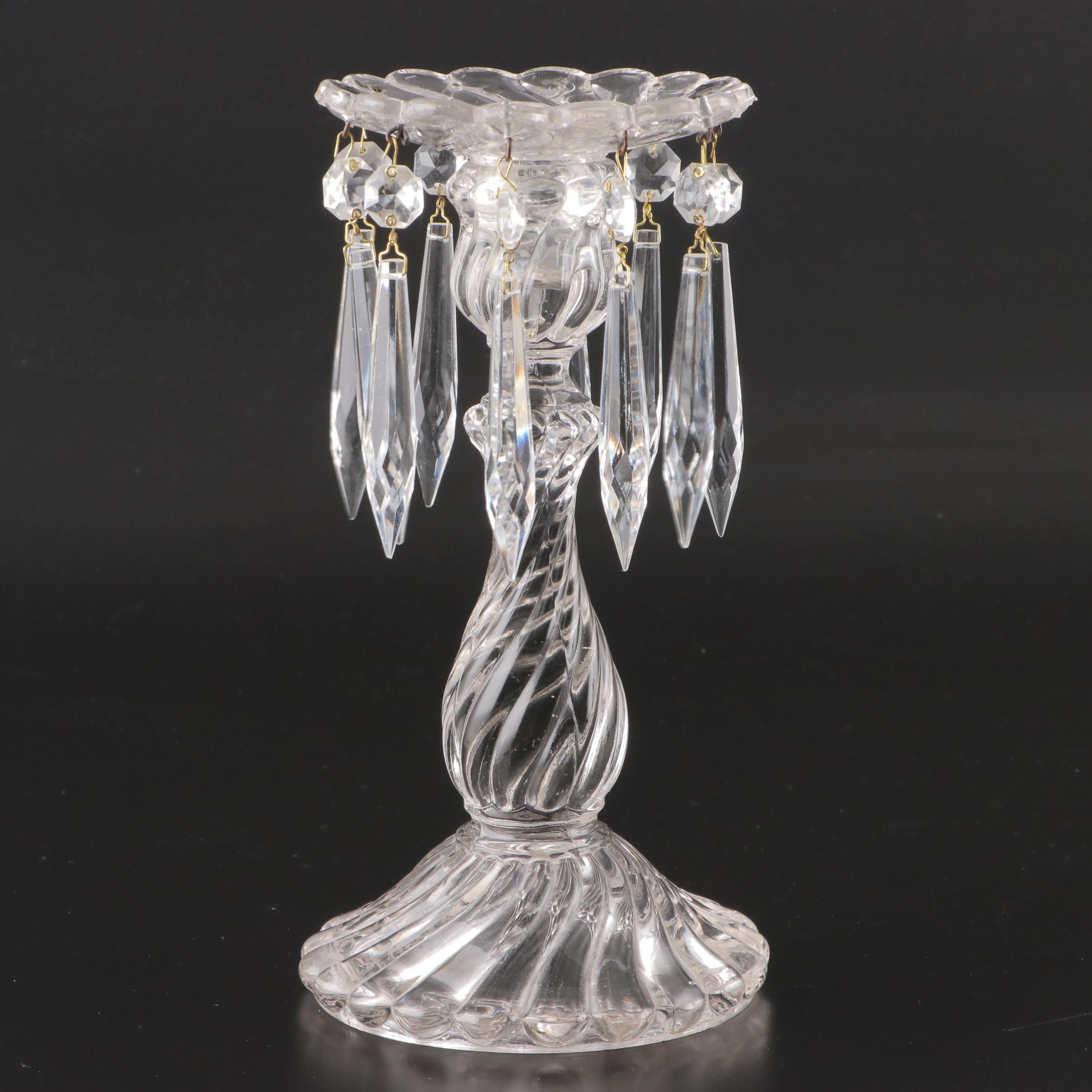 Pair of Swirled Glass Candle Holders with Faceted Prisms, Mid-20th Century