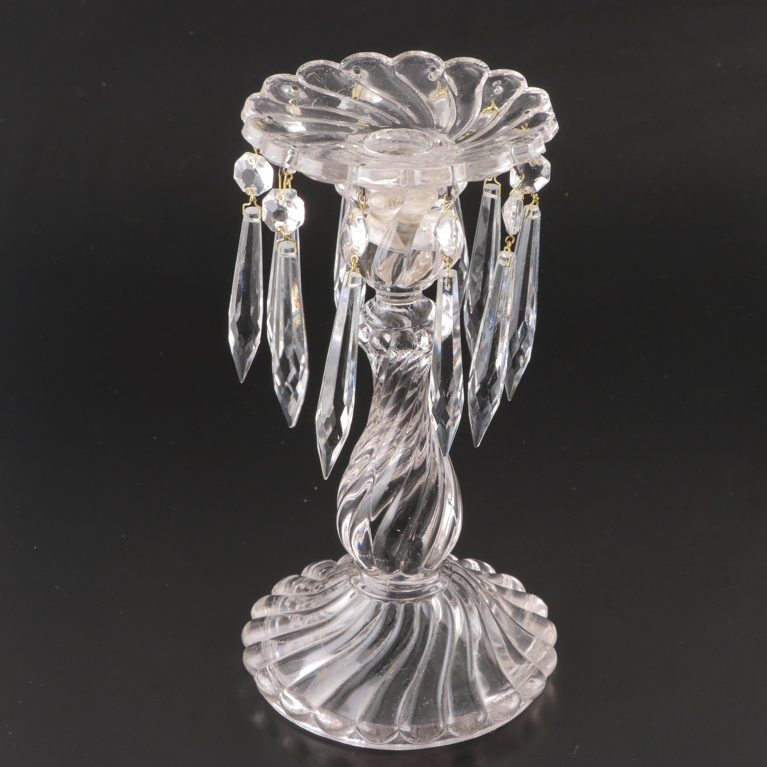 Pair of Swirled Glass Candle Holders with Faceted Prisms, Mid-20th Century