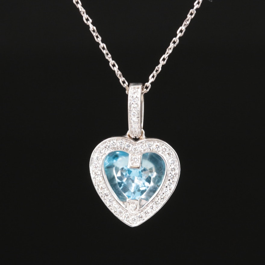 14K Sky Blue Topaz and Diamond Heart Pendant Necklace