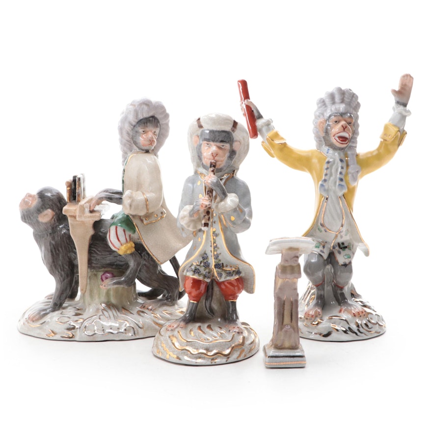 Chelsea House Meissen Style Craquelure Porcelain Monkey Conductor and Musicians