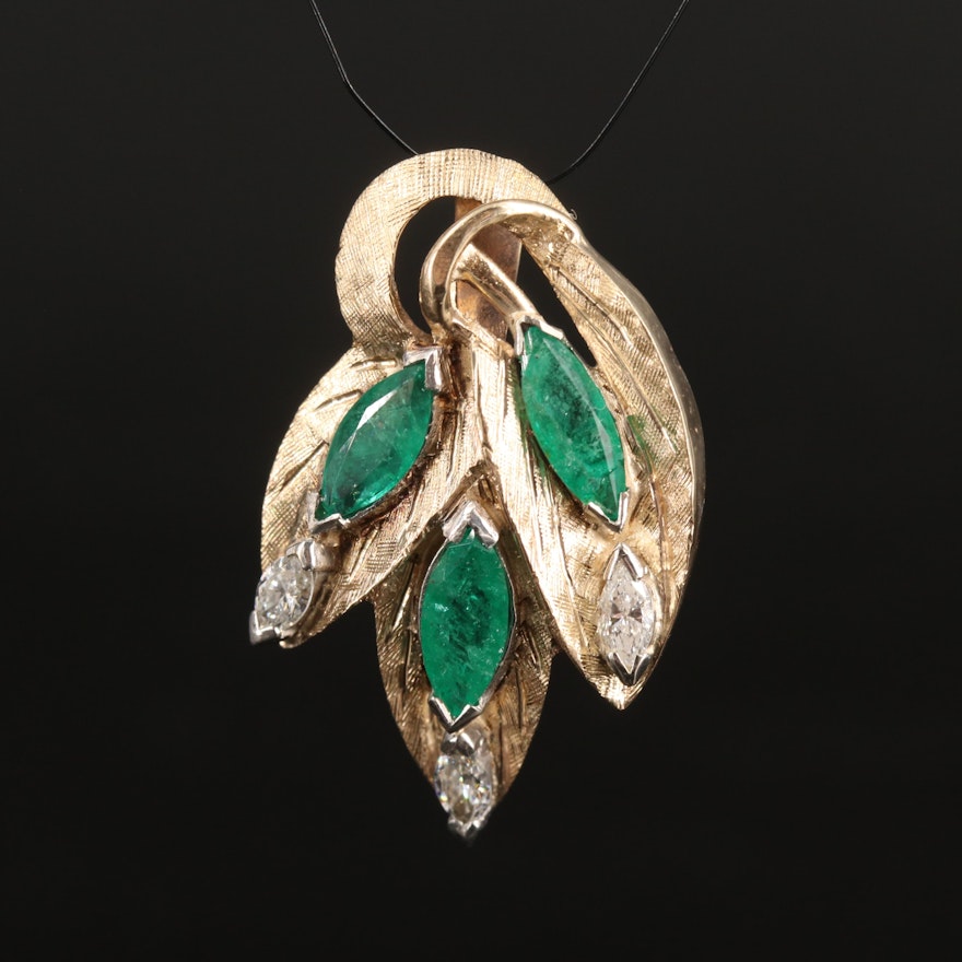 14K Emerald and Diamond Leaf Pendant with Florentine Finish