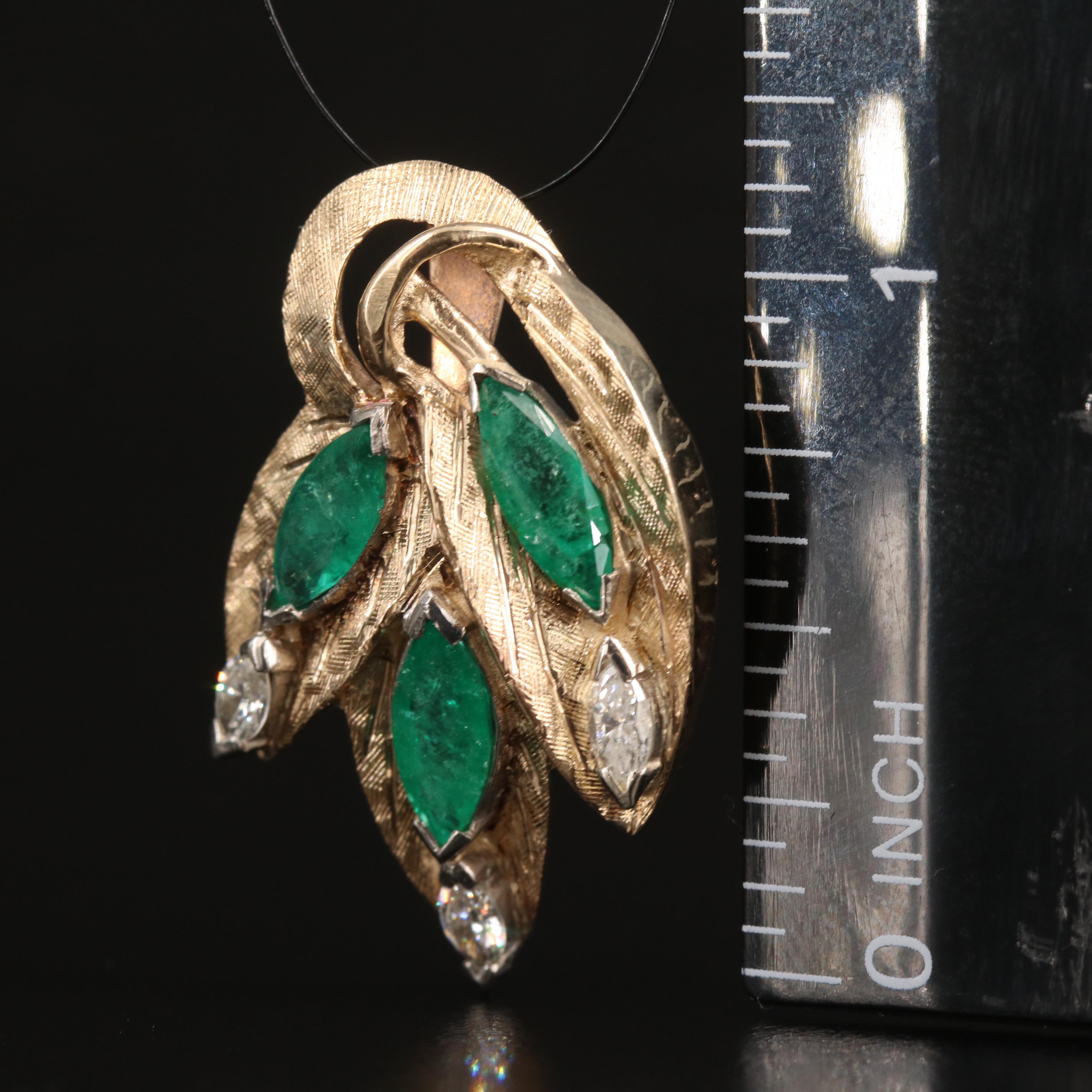 14K Emerald and Diamond Leaf Pendant with Florentine Finish
