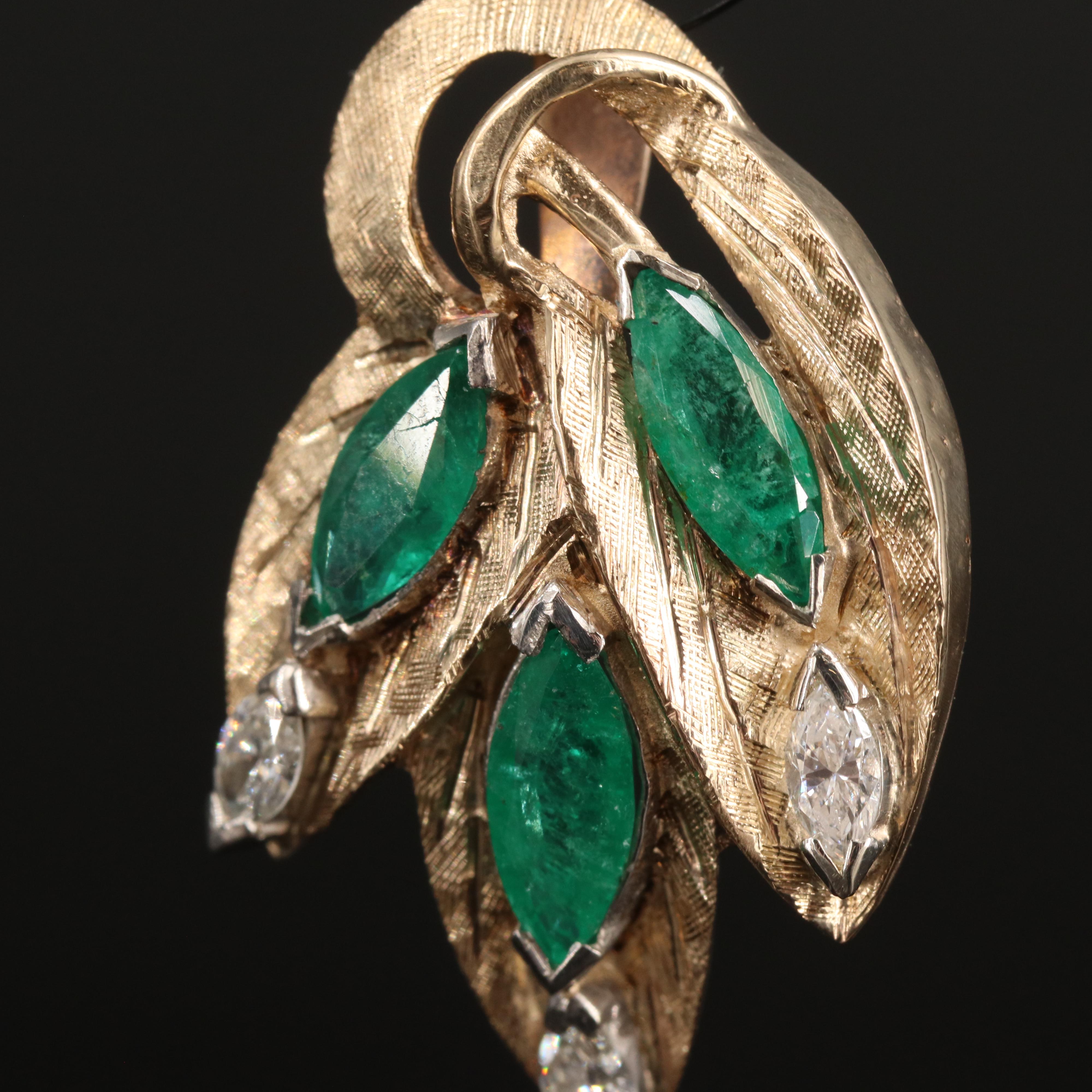 14K Emerald and Diamond Leaf Pendant with Florentine Finish