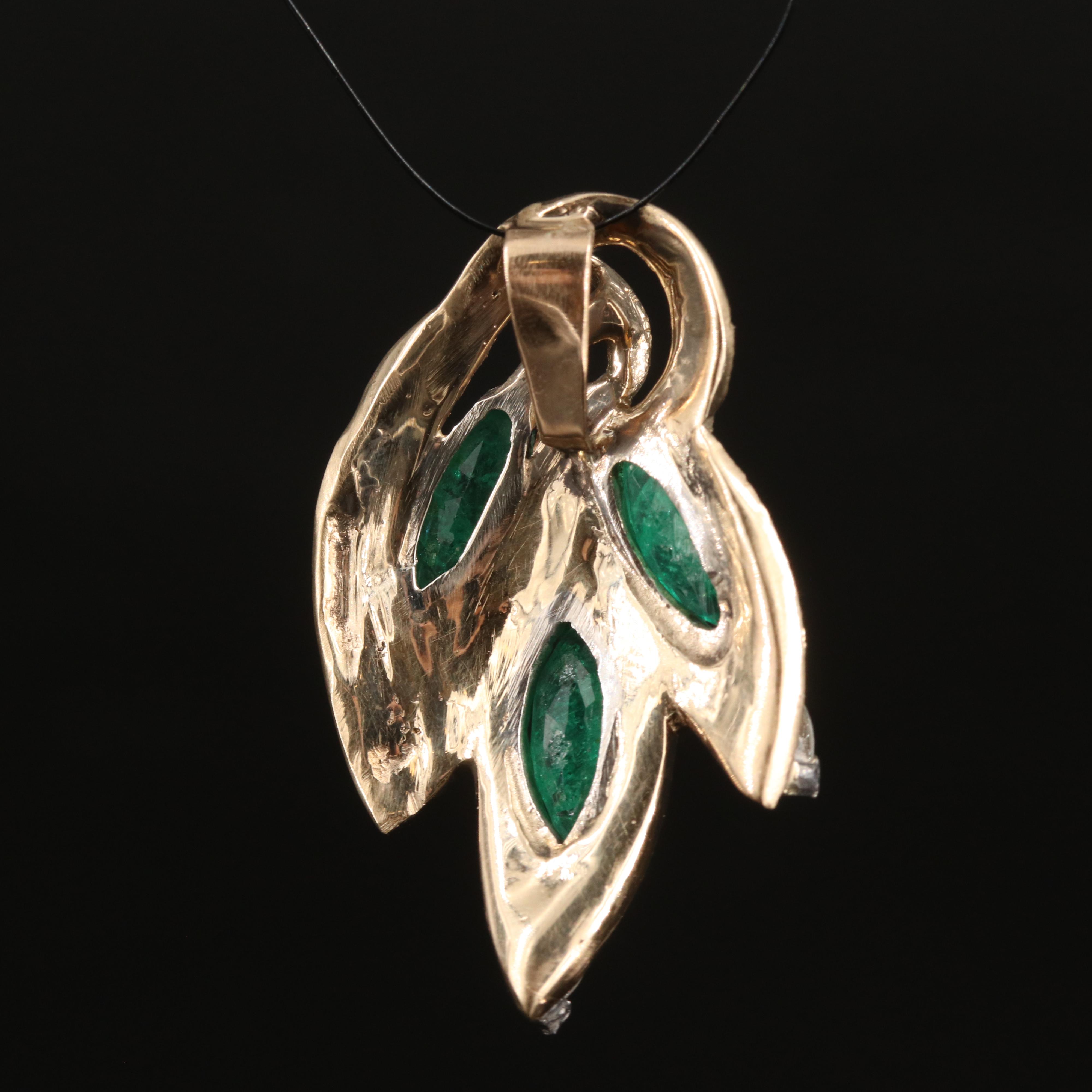 14K Emerald and Diamond Leaf Pendant with Florentine Finish