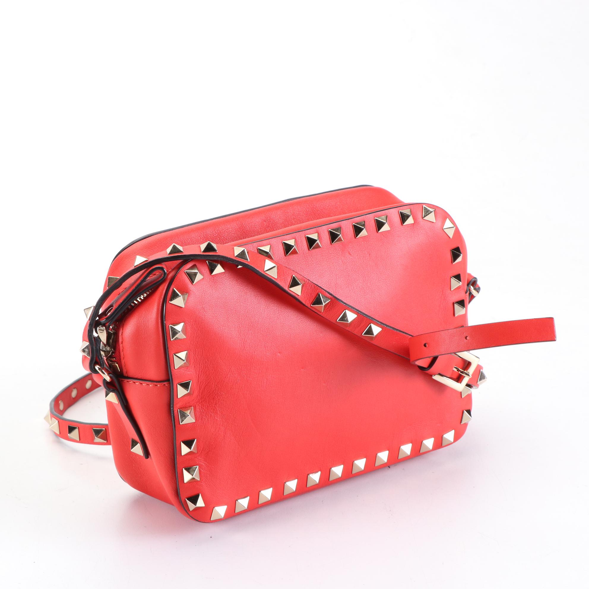 Valentino Rockstud Camera Crossbody Bag in Red Leather
