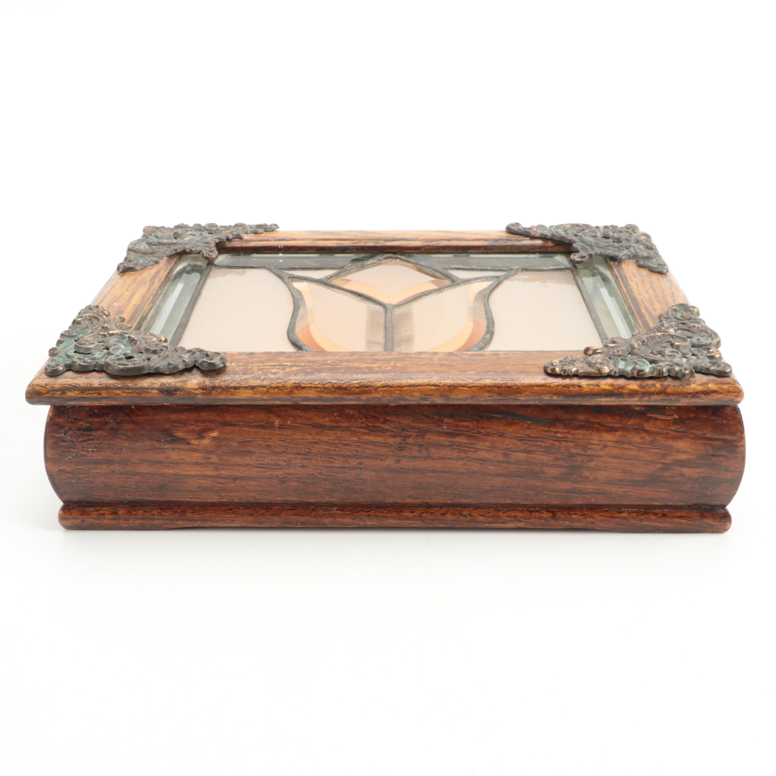 Victorian Style Leaded Glass and Oak Dresser Box with Mirrored Interior