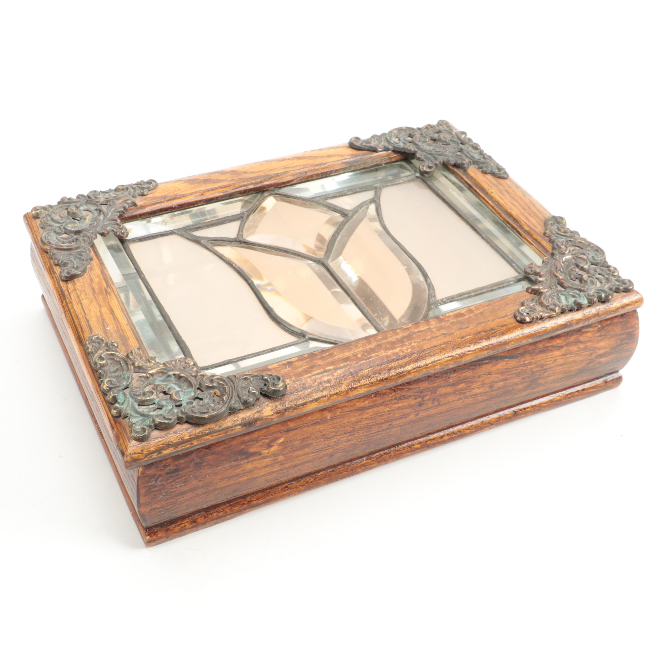 Victorian Style Leaded Glass and Oak Dresser Box with Mirrored Interior