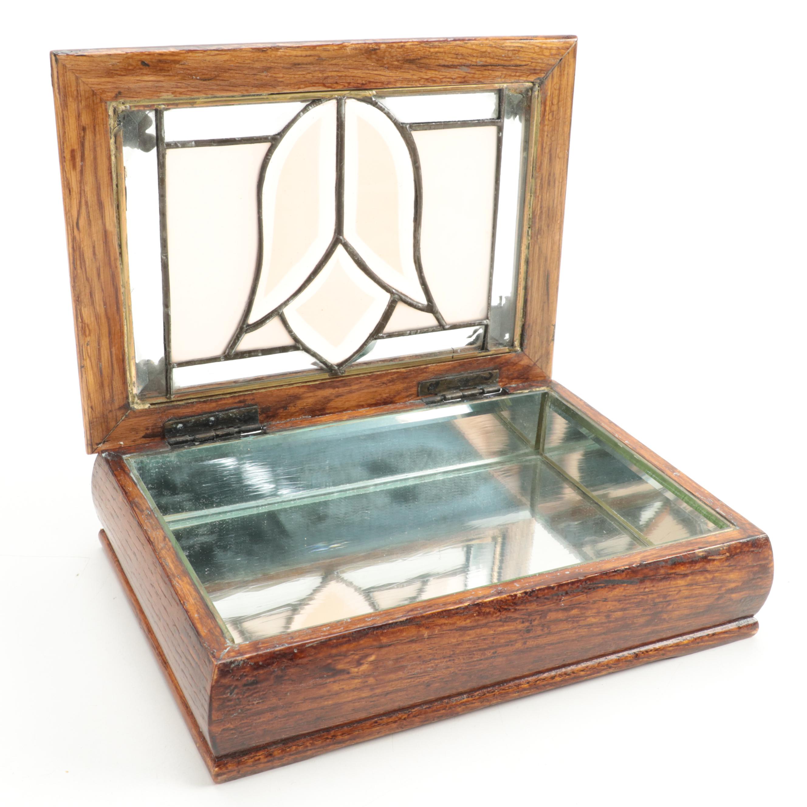 Victorian Style Leaded Glass and Oak Dresser Box with Mirrored Interior