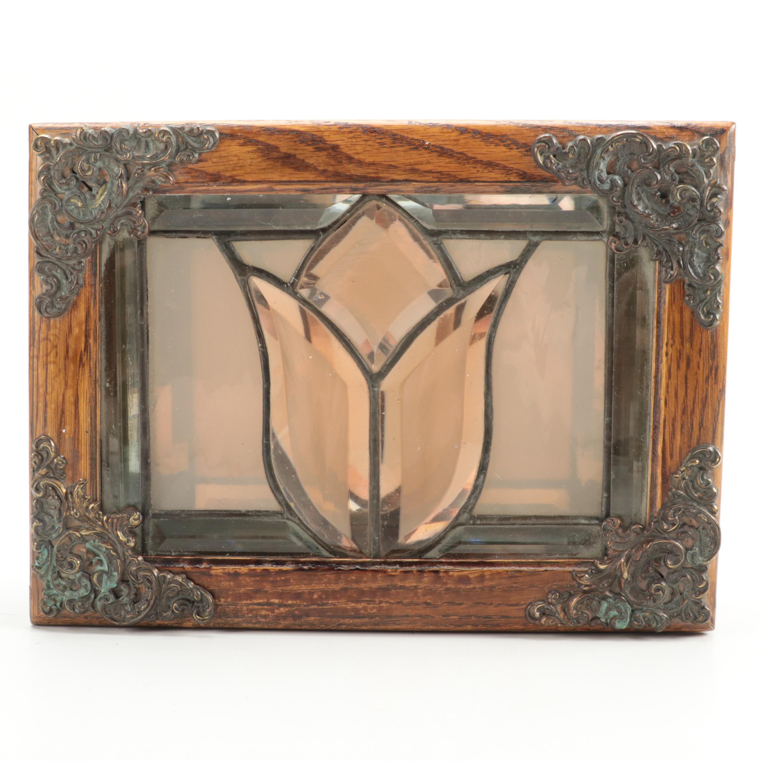 Victorian Style Leaded Glass and Oak Dresser Box with Mirrored Interior