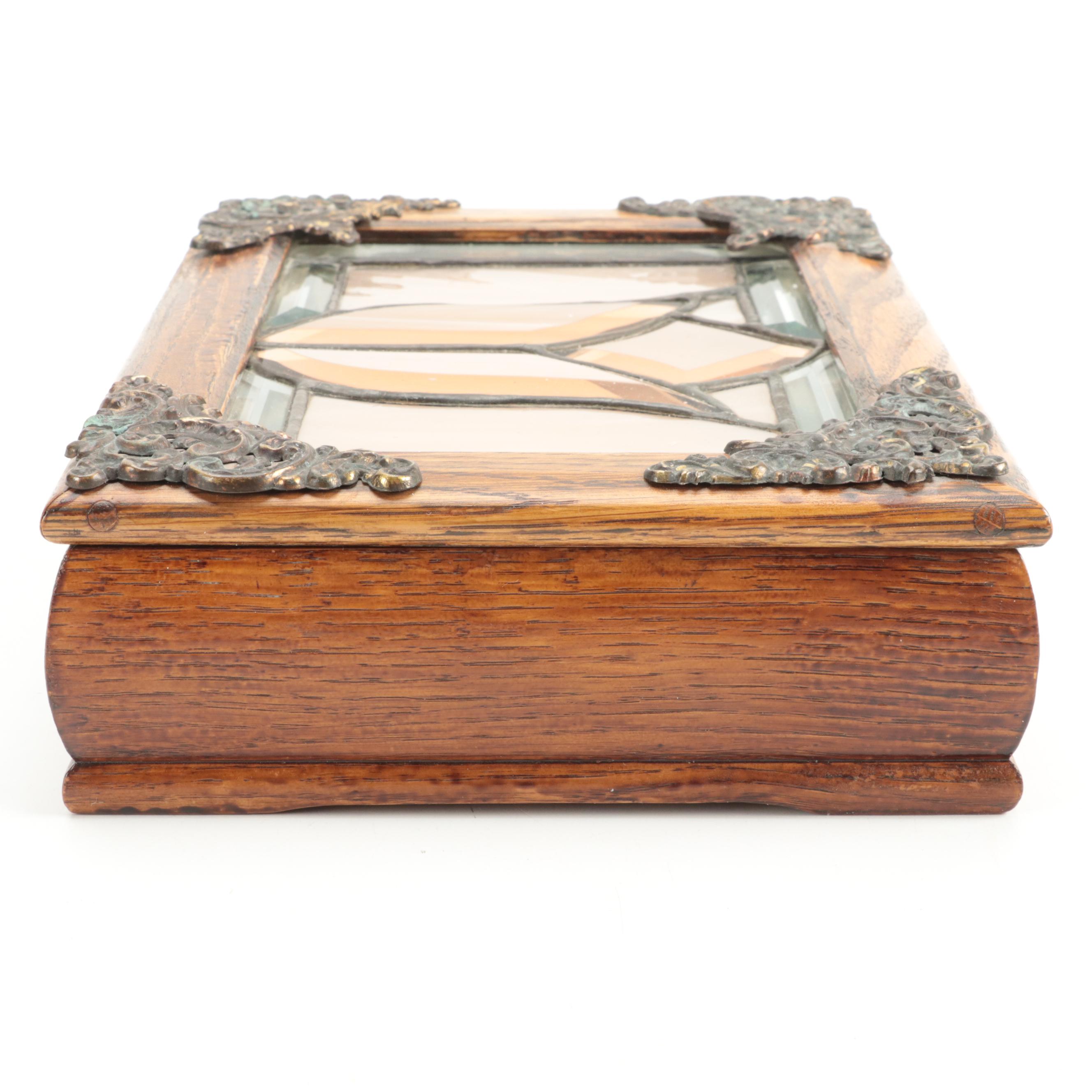 Victorian Style Leaded Glass and Oak Dresser Box with Mirrored Interior