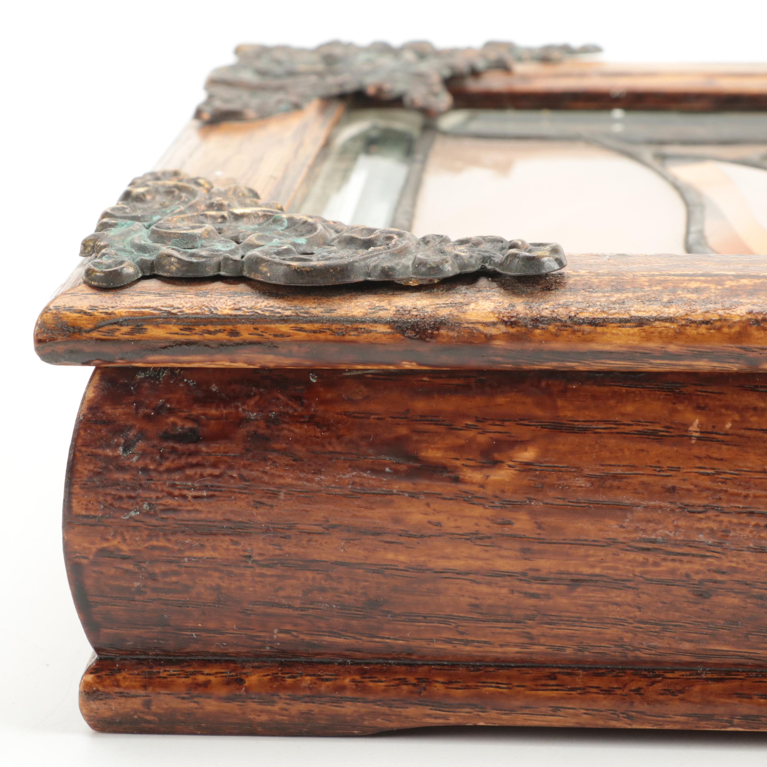 Victorian Style Leaded Glass and Oak Dresser Box with Mirrored Interior