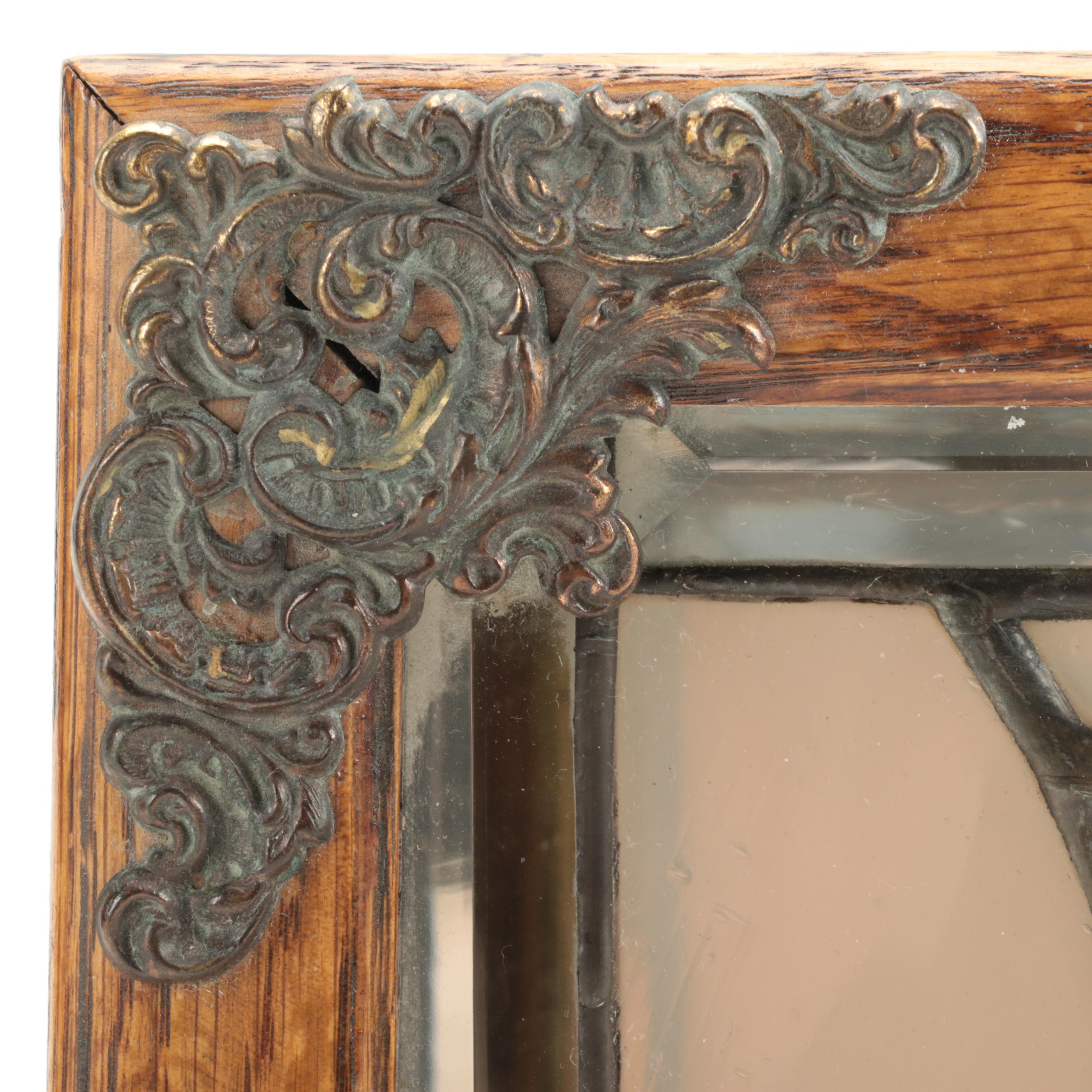 Victorian Style Leaded Glass and Oak Dresser Box with Mirrored Interior