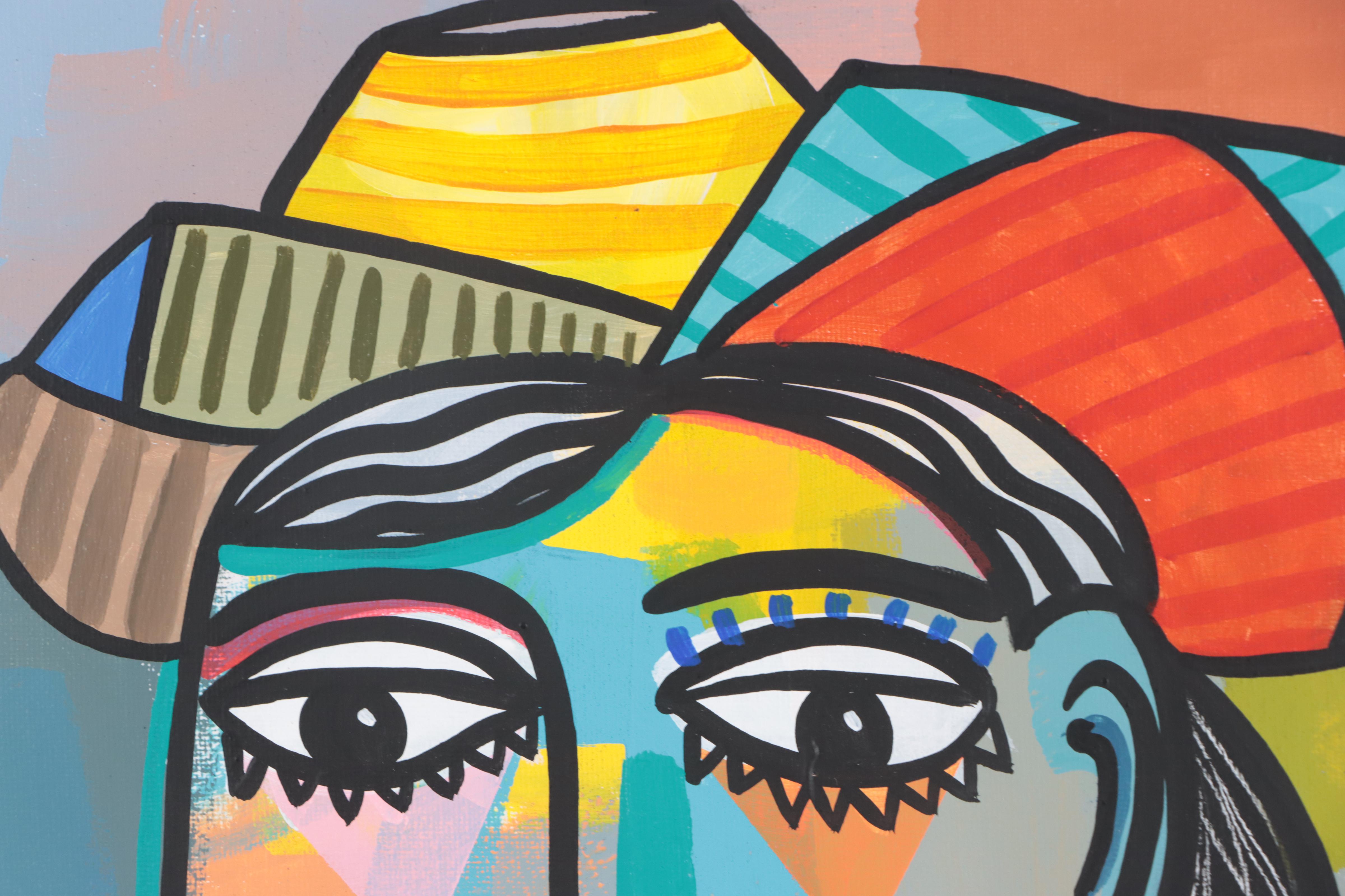 Michel Blázquez Acrylic Painting "Sitting Woman with Hat," 2023