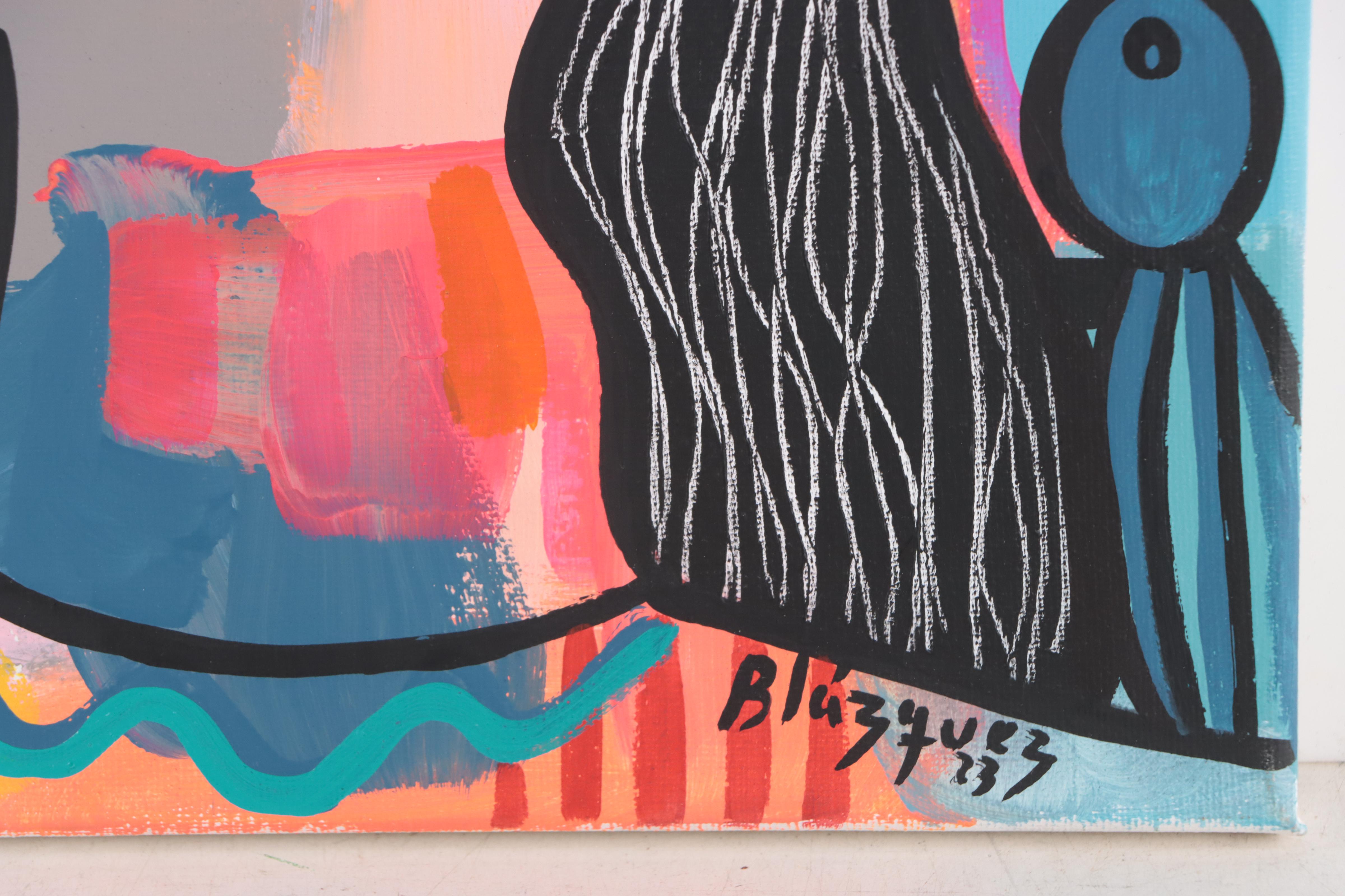 Michel Blázquez Acrylic Painting "Sitting Woman with Hat," 2023