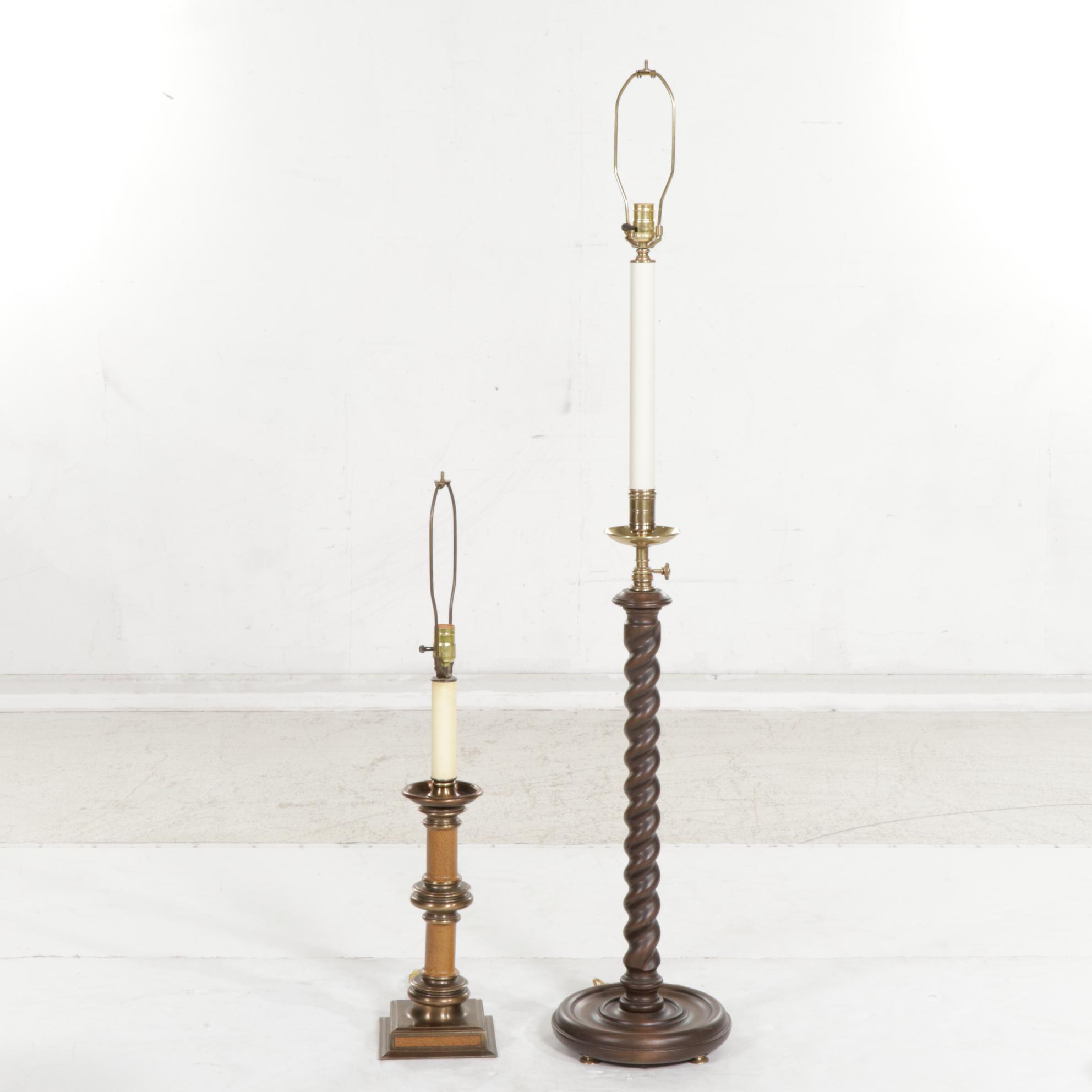 Frederick Cooper Barley Twist Floor Lamp and Other Wood and Brass Table Lamp