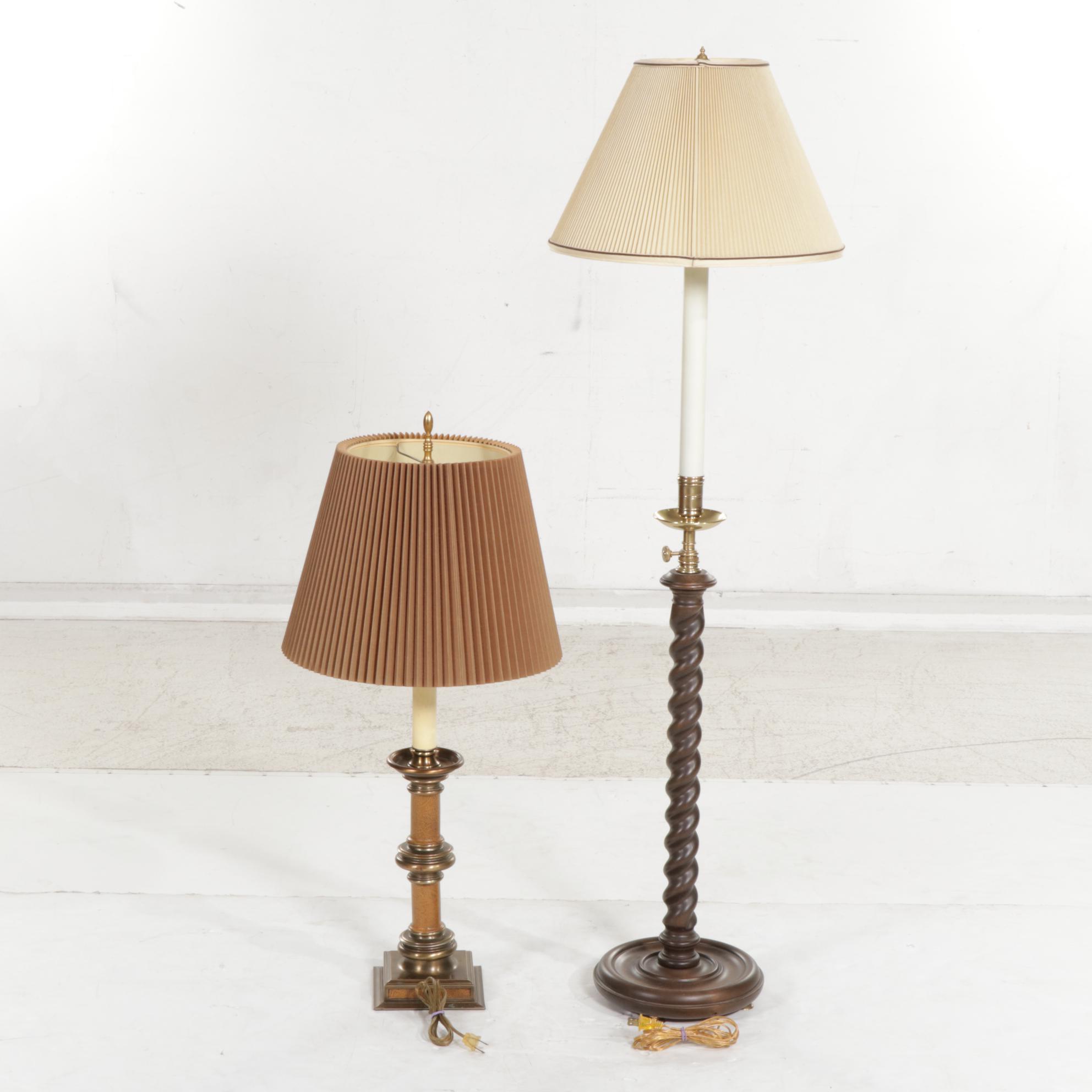 Frederick Cooper Barley Twist Floor Lamp and Other Wood and Brass Table Lamp