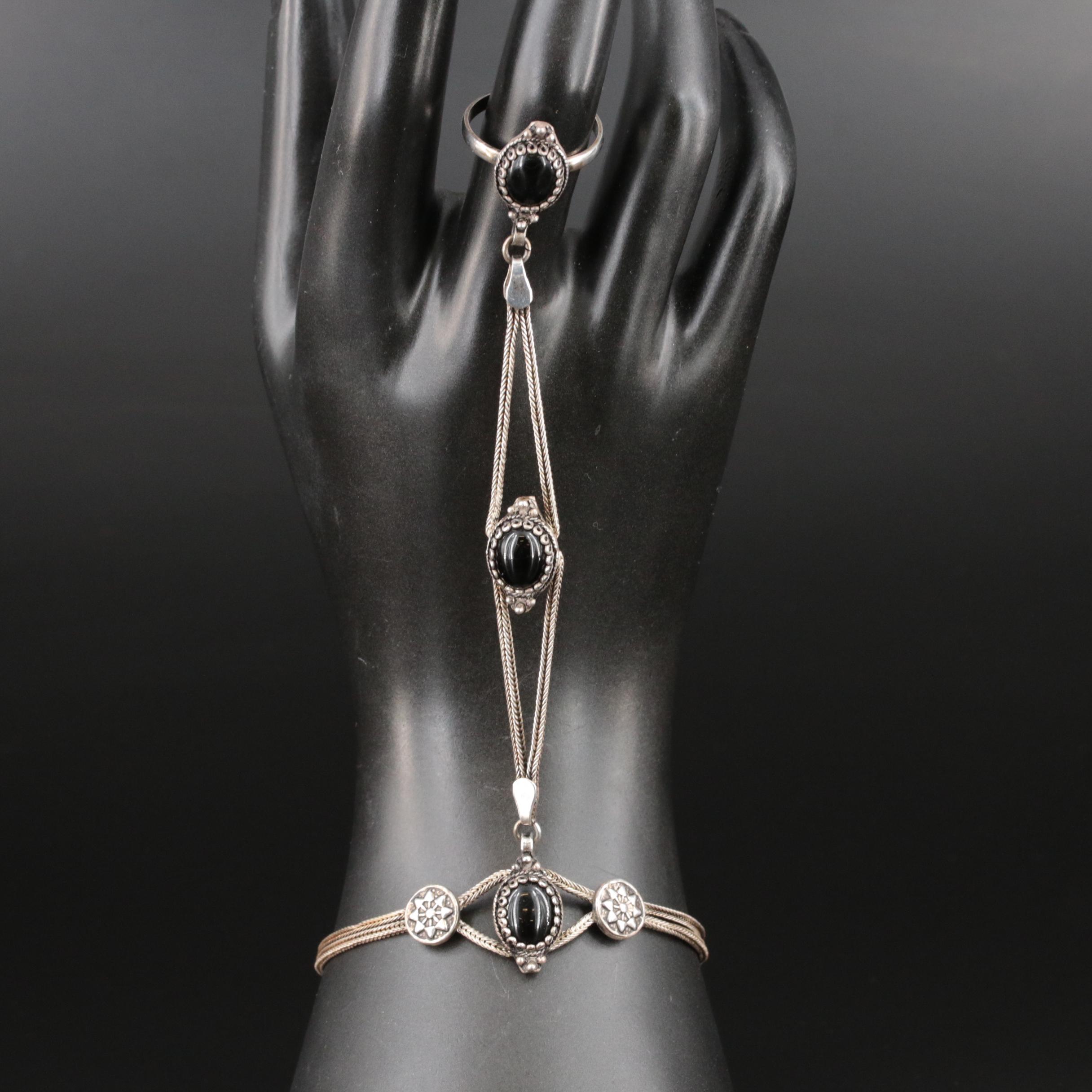 Sterling Black Onyx Hathphool Style Bracelet