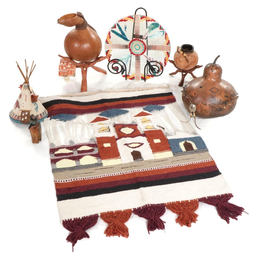 Native American Woven Wall Hanging, Decorative Glass Plate, Gourds, & More Decor