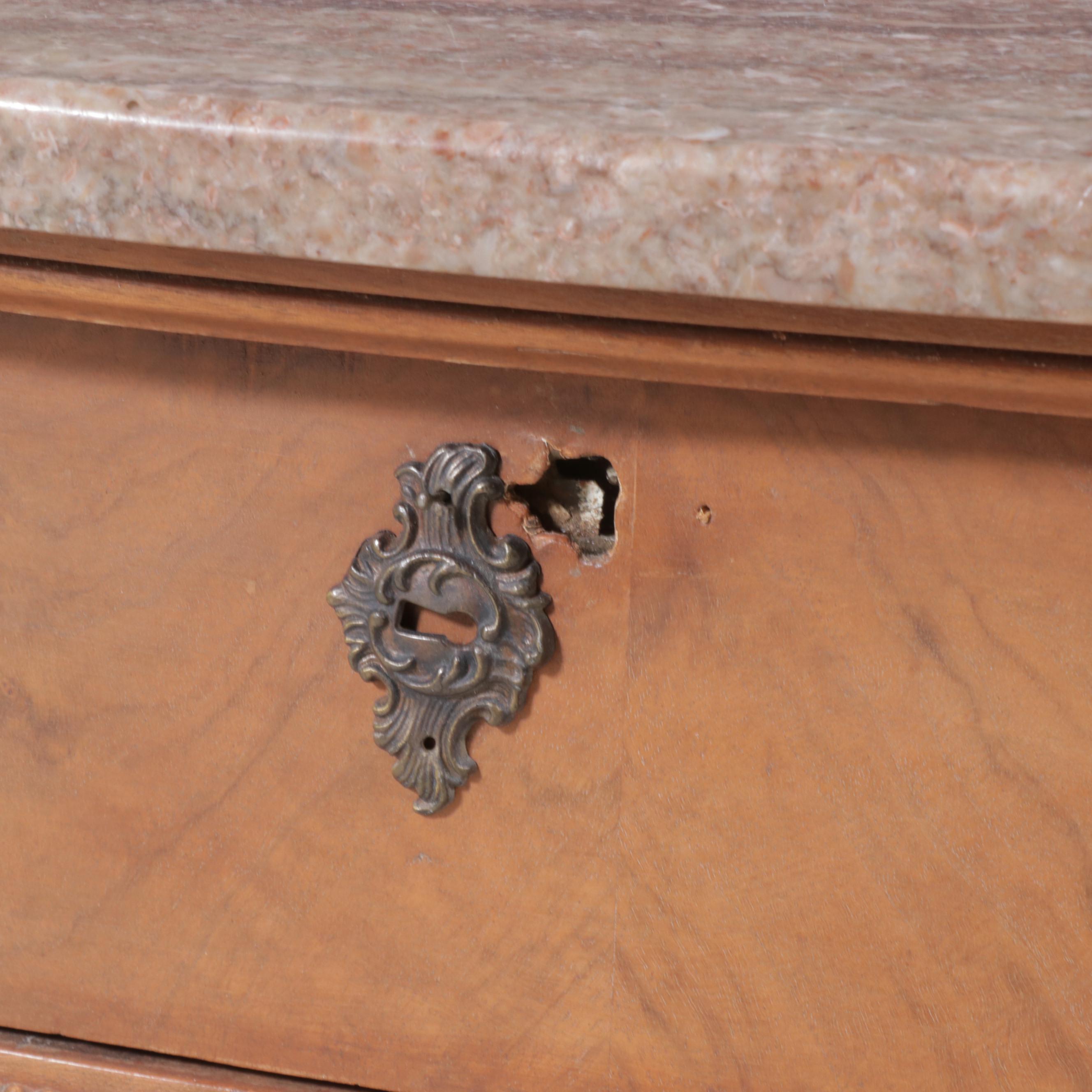 Victorian Walnut and Marble Top Five-Drawer Bowfront Chest, Late 19th Century