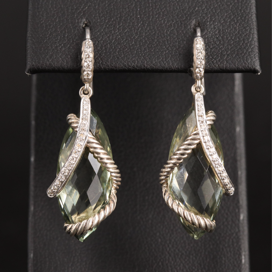 David Yurman Sterling Prasiolite and Diamond Cable Wrapped Earrings