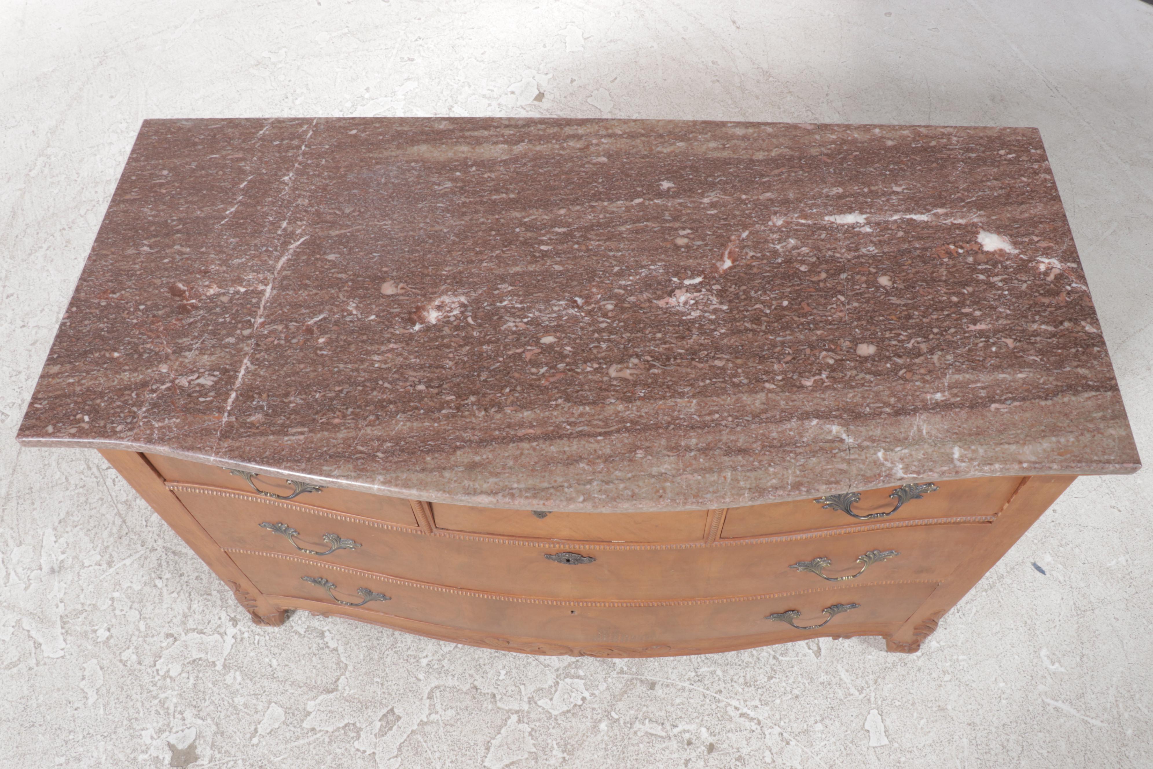 Victorian Walnut and Marble Top Five-Drawer Bowfront Chest, Late 19th Century
