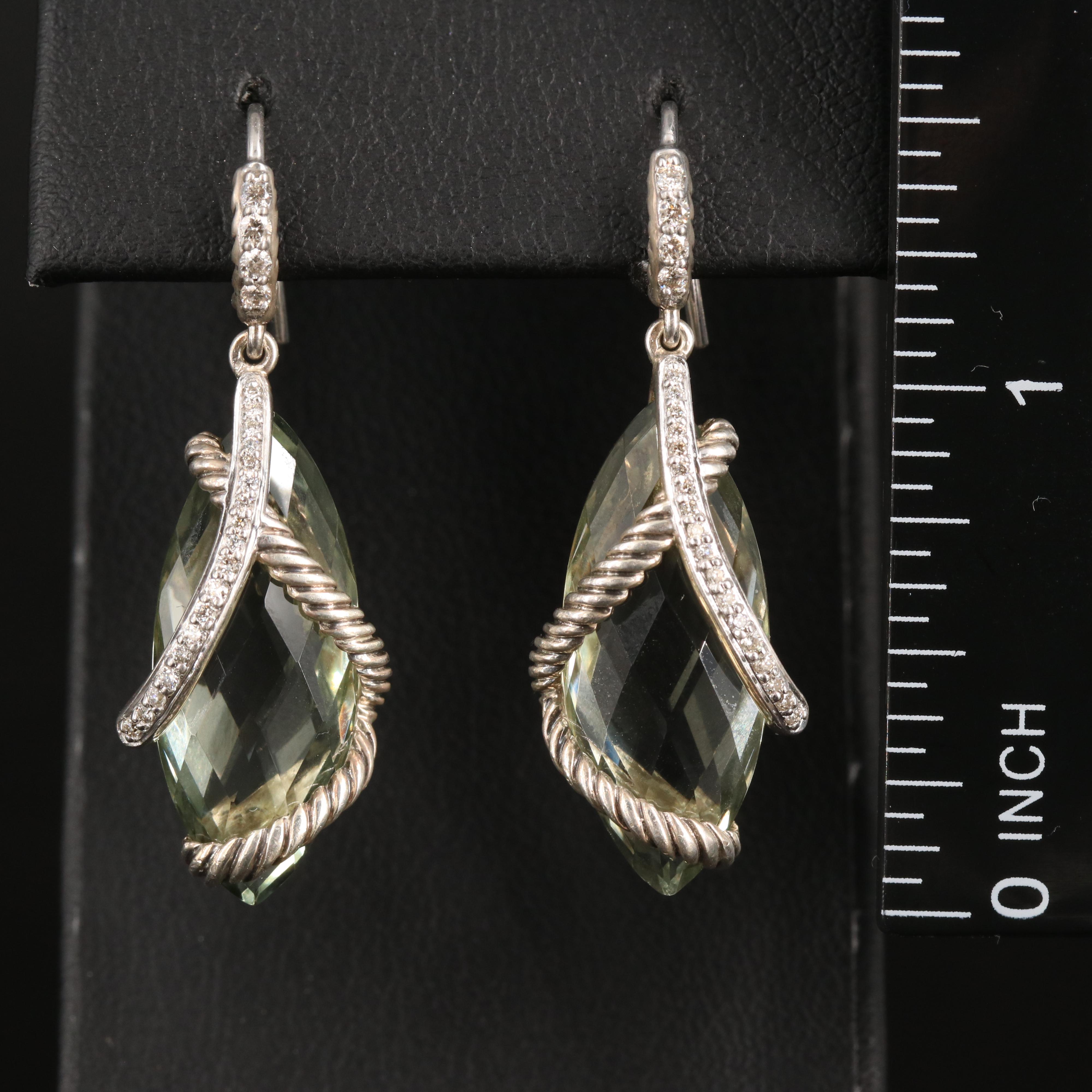 David Yurman Sterling Prasiolite and Diamond Cable Wrapped Earrings