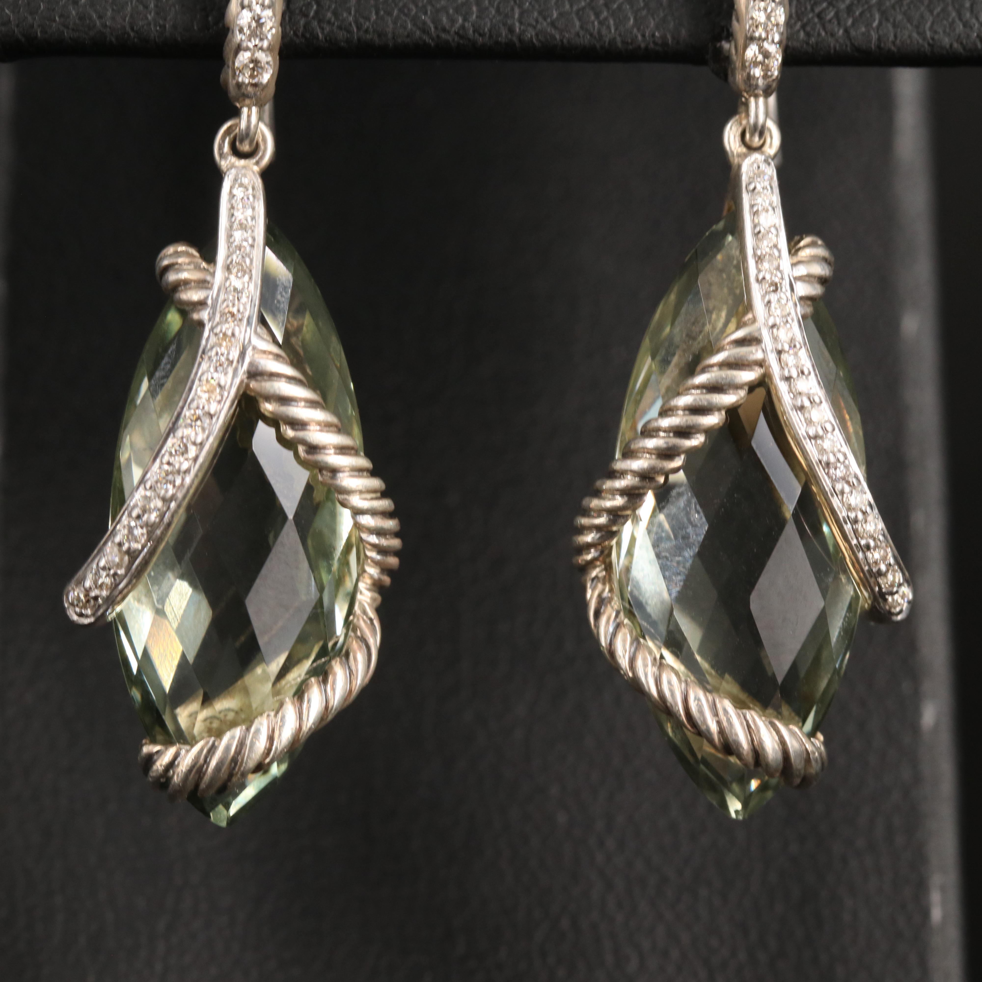David Yurman Sterling Prasiolite and Diamond Cable Wrapped Earrings