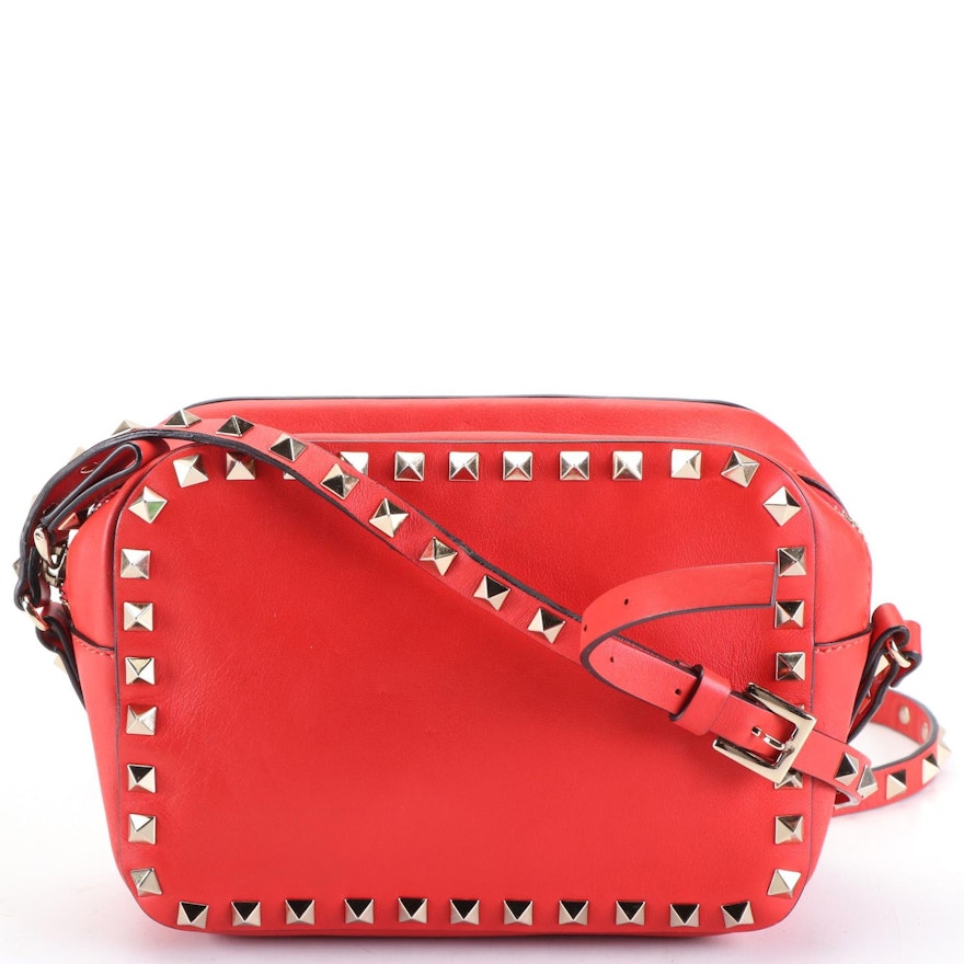 Valentino Rockstud Camera Crossbody Bag in Red Leather
