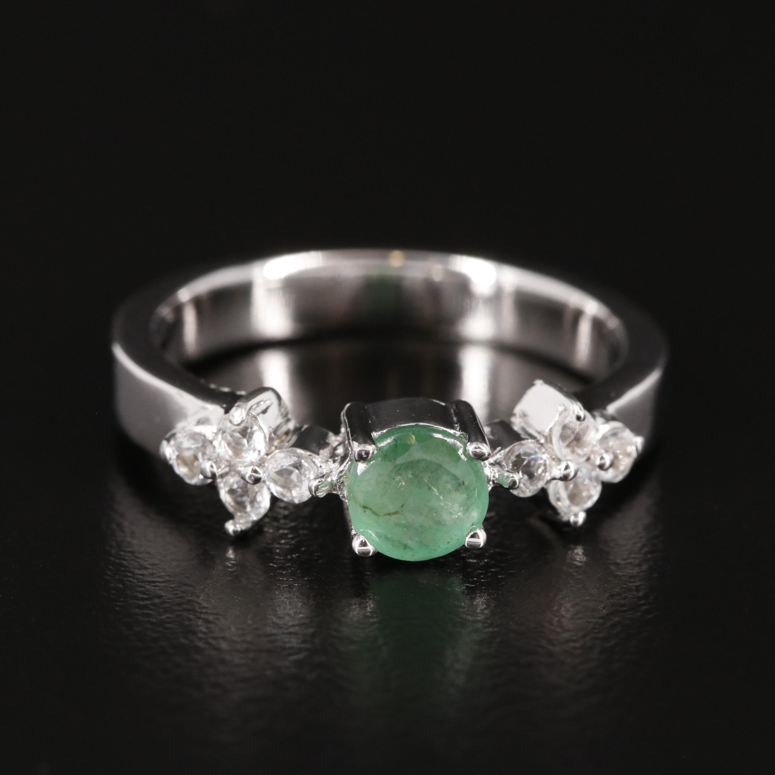 Sterling Emerald and White Topaz Three Stone Ring