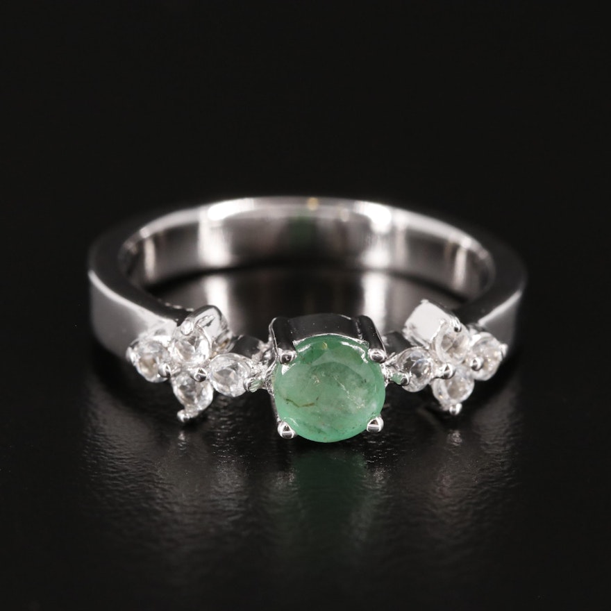 Sterling Emerald and White Topaz Three Stone Ring