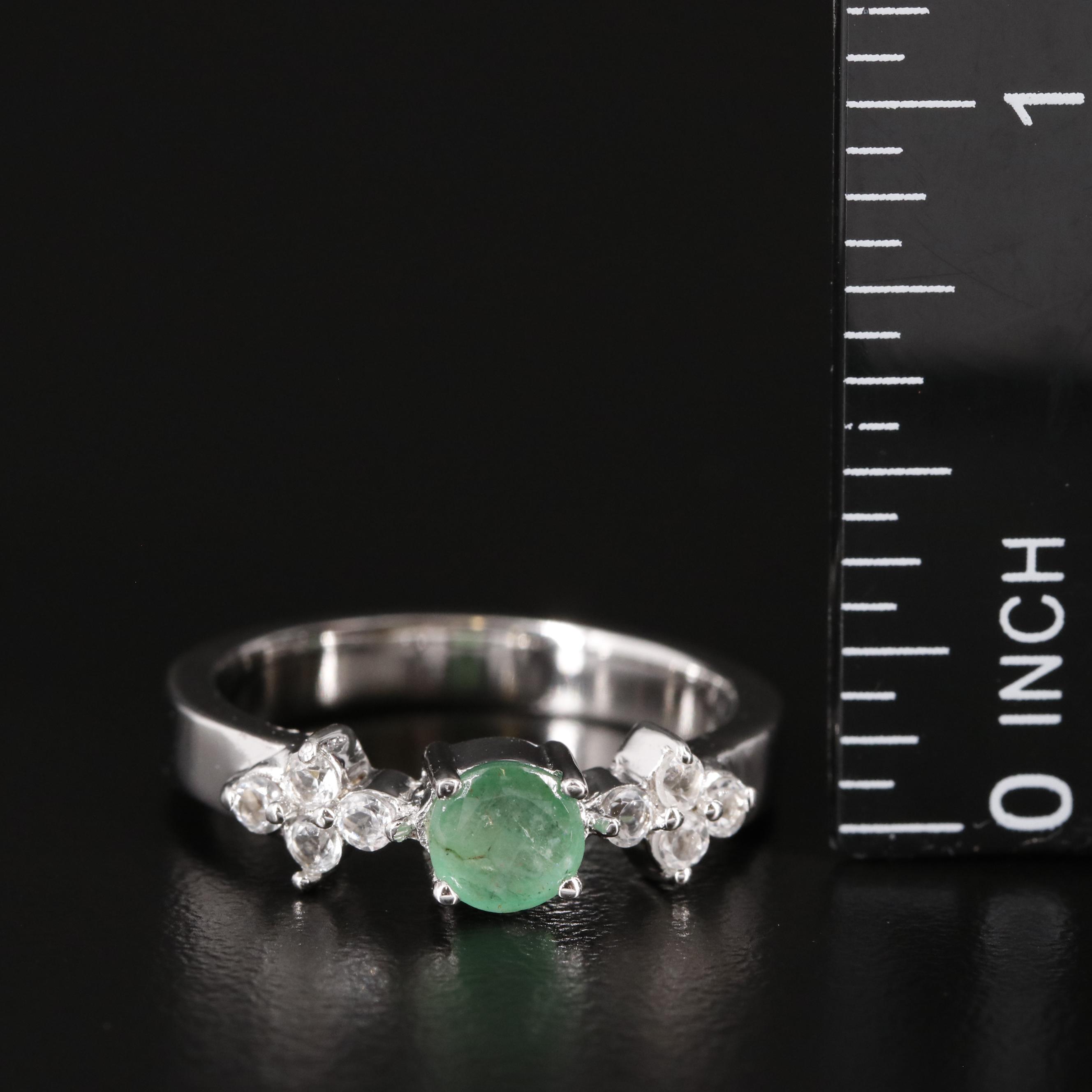 Sterling Emerald and White Topaz Three Stone Ring