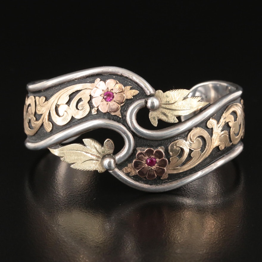 1995 Bob Berg Sterling Floral Cuff with Ruby and Gold-Filled Accents