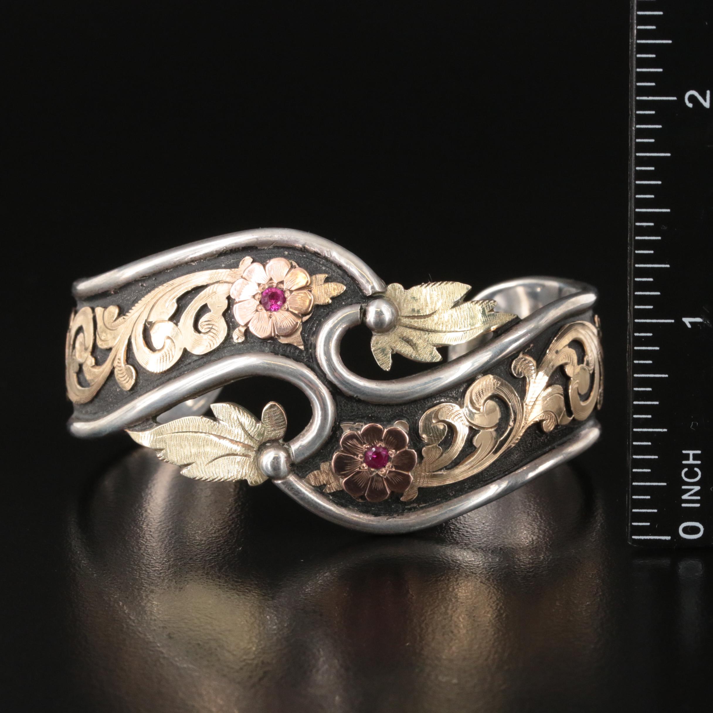 1995 Bob Berg Sterling Floral Cuff with Ruby and Gold-Filled Accents