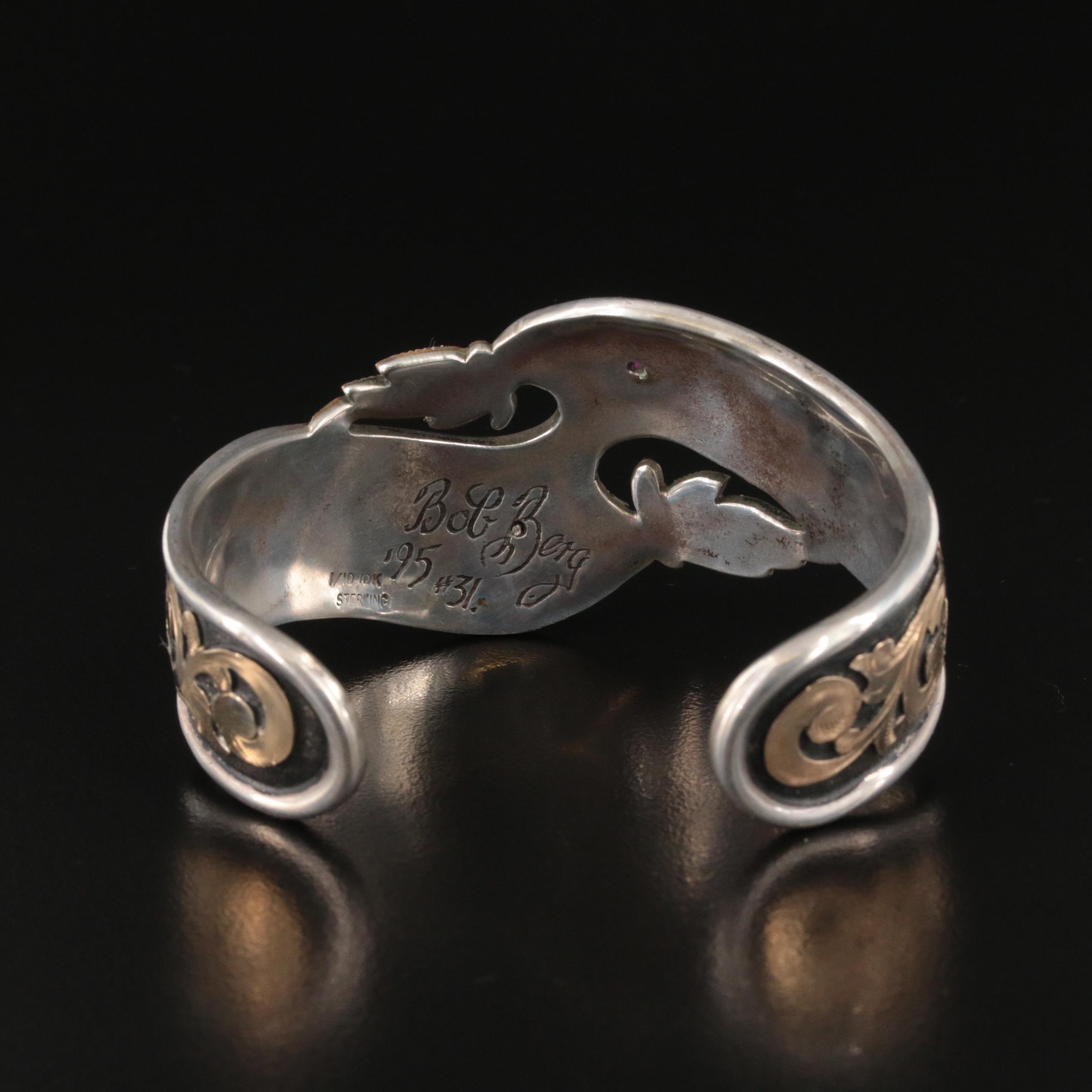1995 Bob Berg Sterling Floral Cuff with Ruby and Gold-Filled Accents