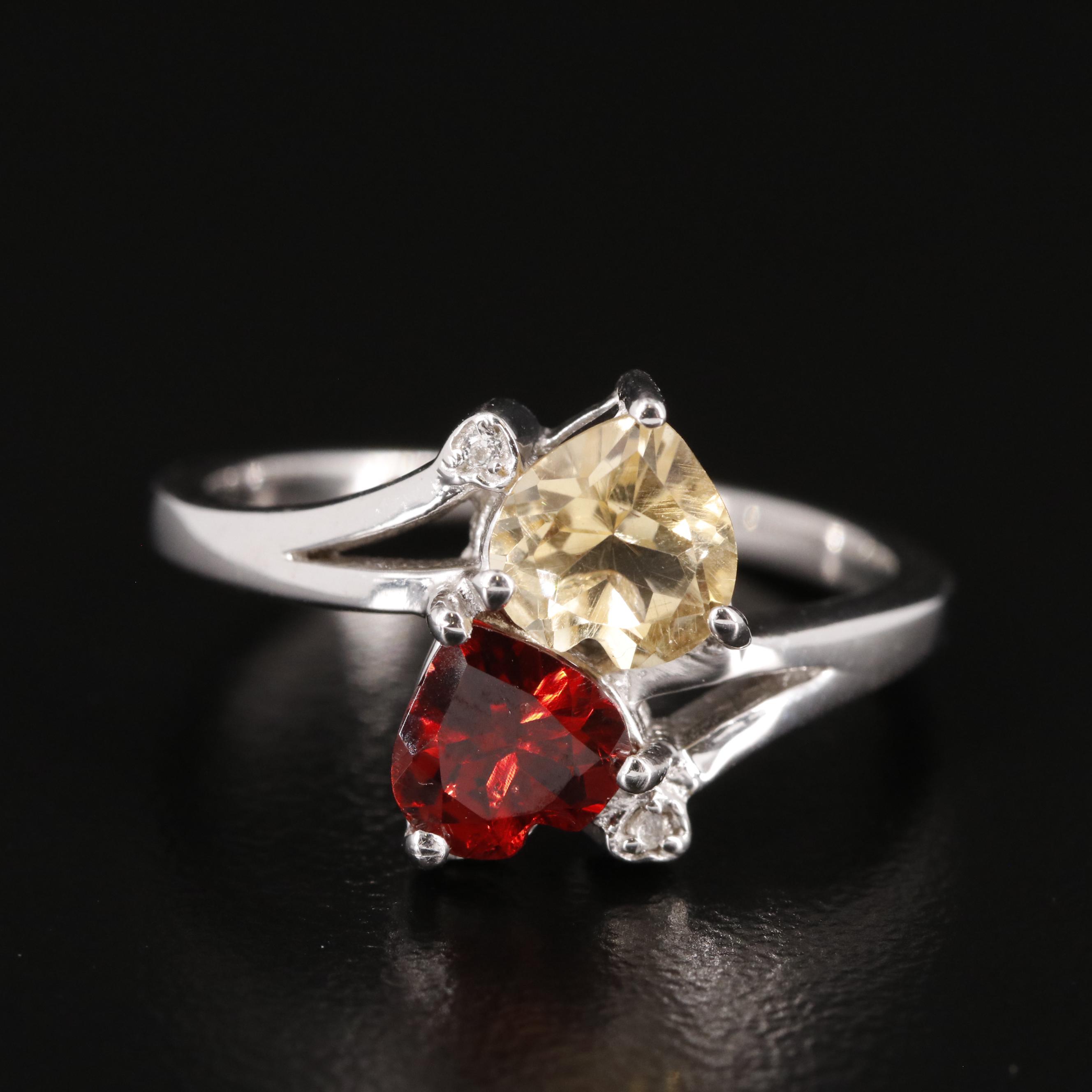 Sterling Garnet and Citrine Two Heart Ring with White Topaz Accents