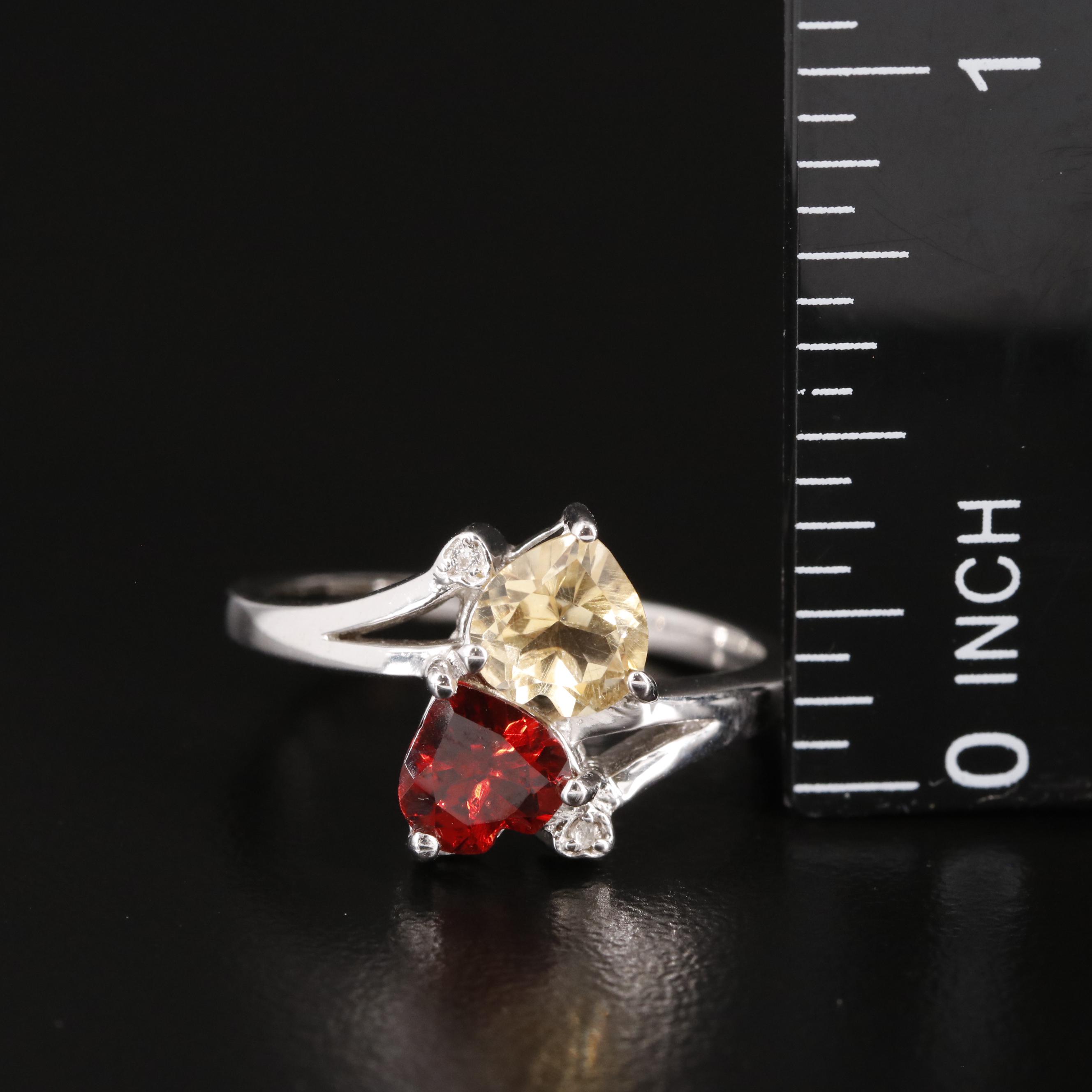 Sterling Garnet and Citrine Two Heart Ring with White Topaz Accents