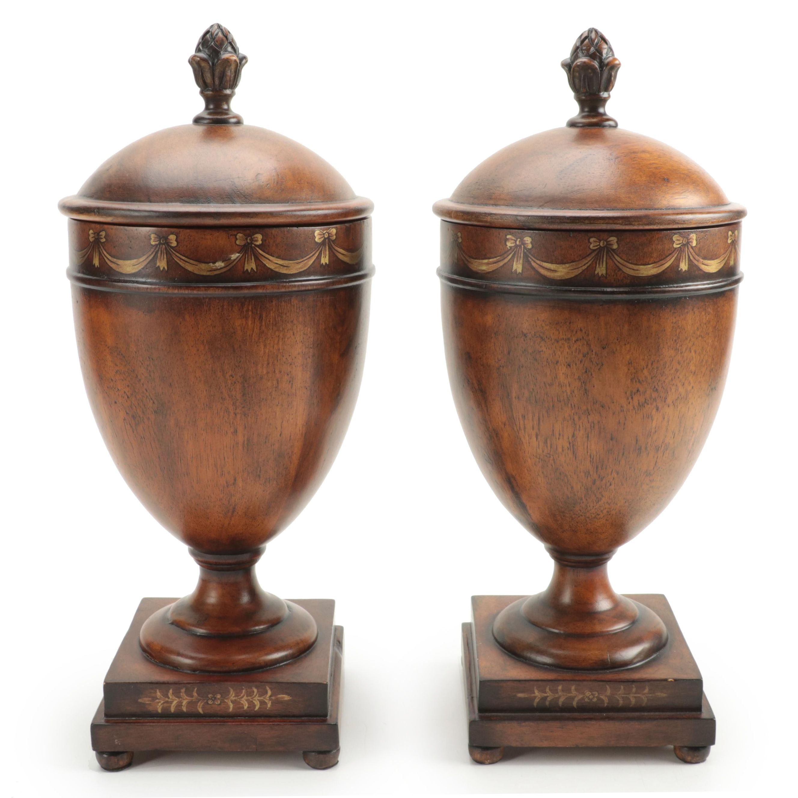 Neoclassical Style Paint-Decorated Carved Wood Urns