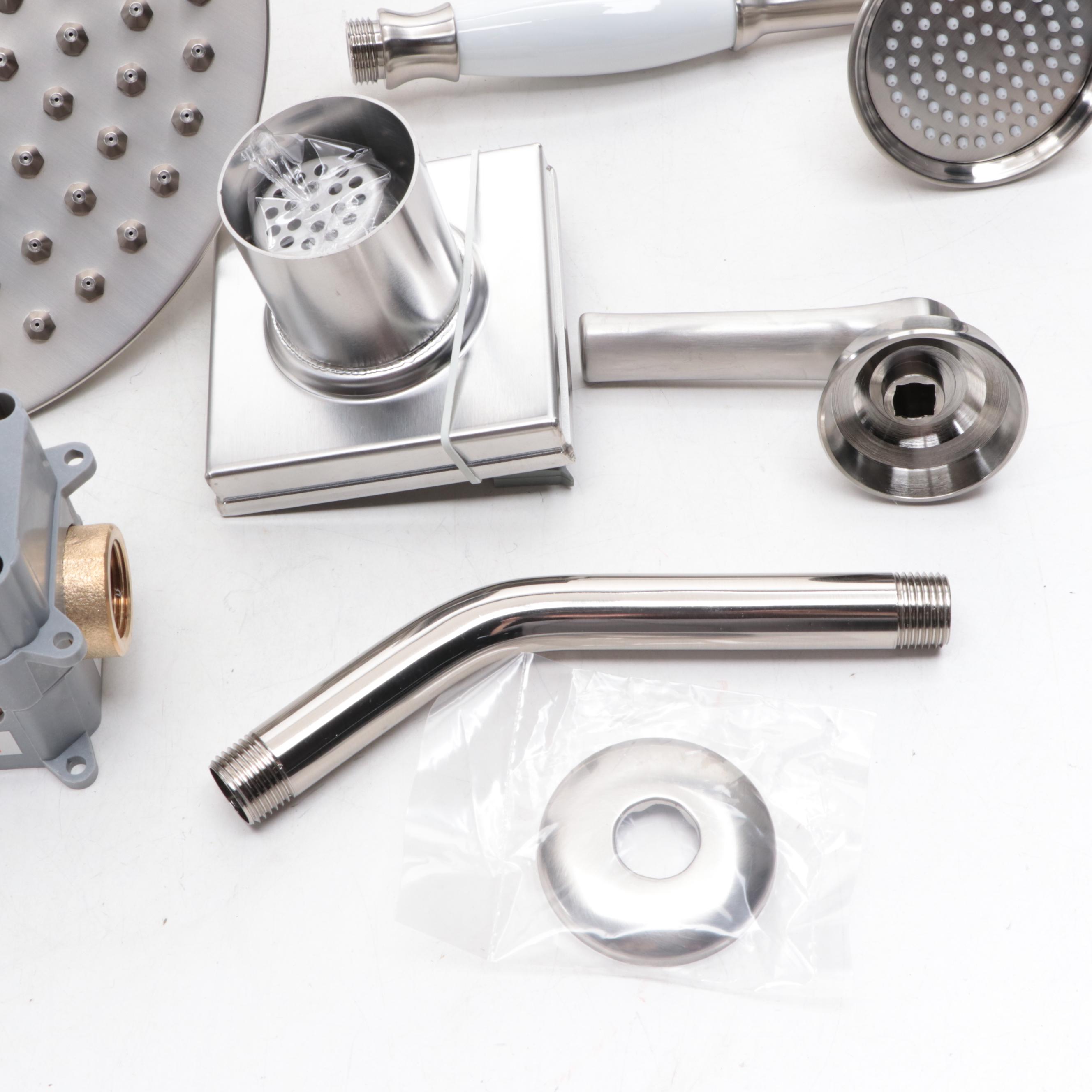 Brushed Nickel Finish Shower Valve with Diverter, Rainfall Shower Head, and More